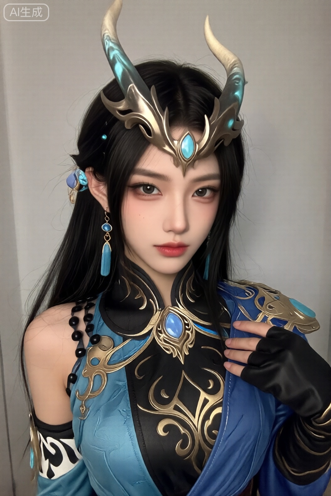 该图像描绘了一个穿着精致的幻想或角色扮演服装的人。他们有一头又长又直的黑发,头戴巨大的金属角,头两侧镶嵌着蓝色宝石。他们的耳朵上戴着蓝色和金色的耳环。这套服装由蓝色和黑色的衣服组成,上面有复杂的金色图案,领口中央有一个蓝色宝石吊坠。肩膀上有黑色和金色的点缀,右手戴着黑色手套。左臂有一个黑白图案的袖子。背景是一面朴素的浅灰色墙壁。整体美学以奇幻为主题,重点是华丽的配饰和详细的服装设计。