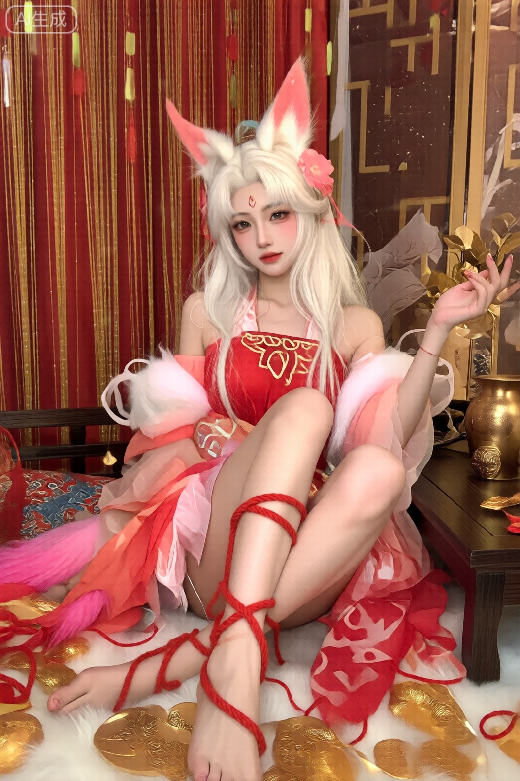 该图像描绘了一个人在角色扮演中穿着以红色和金色为主的服装,背景是装饰华丽的背景。这个角色有一头白色的长发,上面装饰着粉红色的花朵和狐狸般的耳朵,妆容上额头上有一颗红色的宝石。该服装包括带有复杂金色图案的红色上衣和带有蓬松粉色和白色装饰（包括尾巴）的图案短裙。角色的双腿交叉,红色的绳子缠绕在腿和脚上,与服装的配色方案相匹配。 背景左边是红色的窗帘,垂直悬挂着金色的飘带,右边是一张木桌,上面有金色的装饰品（如花瓶）。这个角色坐在白色蓬松的表面上,上面散布着金色的小装饰和红色的绳子。整体场景具有喜庆的传统美感,并以红色和金色元素为主,唤起一种喜庆和文化丰富的感觉。