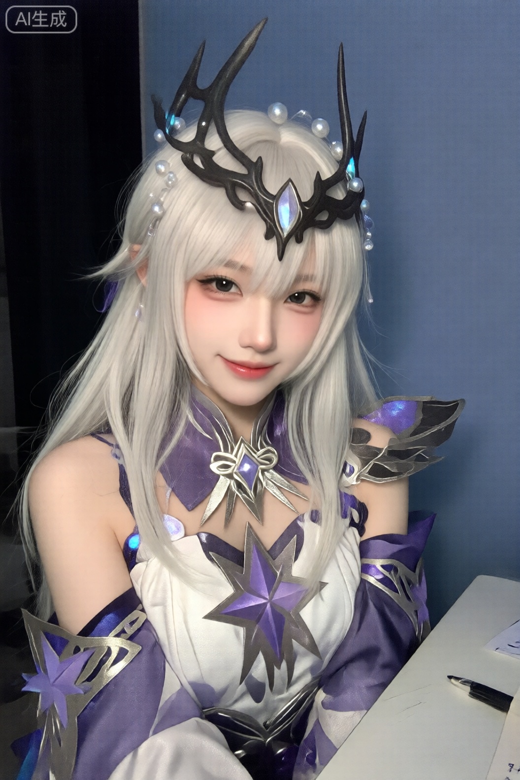 图像显示一个人穿着精致的角色扮演服装。她们有着长长的直发,银白色的头发垂过肩膀。他们的头发装饰着深色、复杂的头饰,头饰上有尖锐的树枝状元素,中心有一颗大而透明的宝石。闪闪发光的小珠子散落在他们的头发上。 那人眸色漆黑,妆容淡雅,唇边带着温柔的笑意。他们穿着复杂的混合颜色服装：主要是白色和紫色,带有银色和深色口音。这套衣服的特点是高领、胸前有星形吊坠和几何图案。还有金属和宝石状的装饰品,包括紫色虹彩肩章和星形胸针。 这个人坐在一张桌子旁,桌子上有一支笔和一些纸。背景是纯蓝色的墙壁,左侧有较暗的区域。总体印象是精心制作的奇幻主题角色扮演,很可能是动漫、游戏或其他虚构作品中的角色。