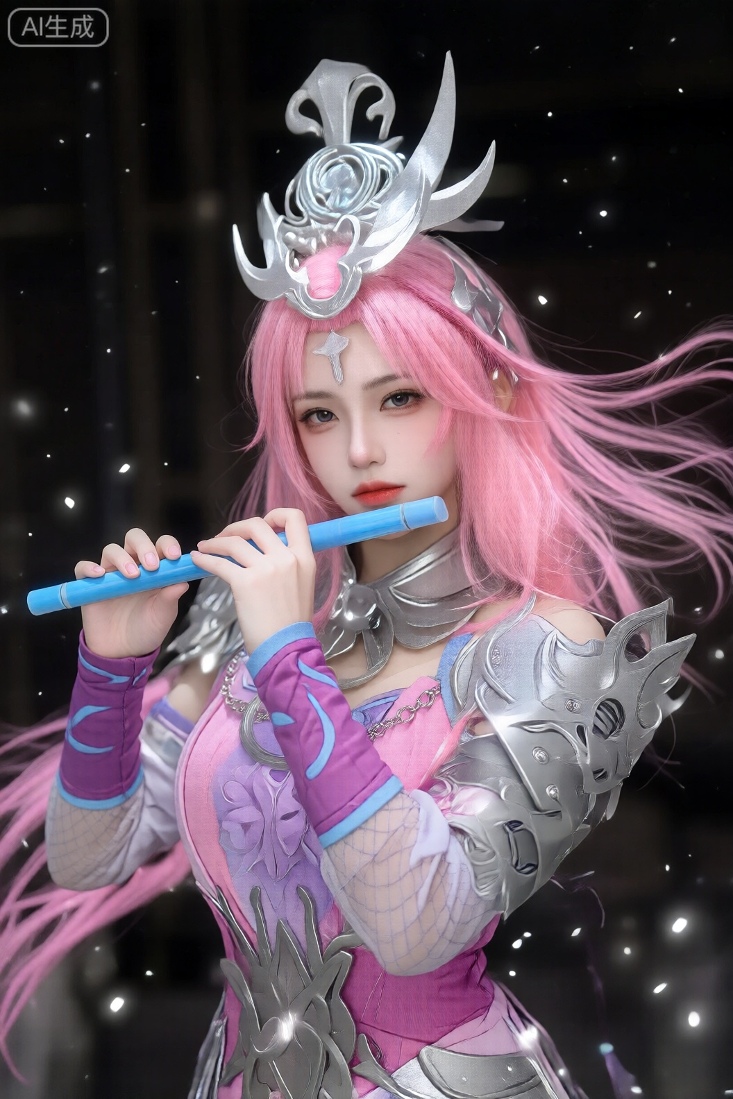 该图像描绘了一个穿着精致的角色扮演服装的人,其灵感可能来自电子游戏角色。该个体有一头充满活力的粉红色头发,在身后飘逸,戴着一个巨大而复杂的银色头饰,该头饰具有弯曲的角和皇冠般的设计。他们穿着合身的服装,主要颜色为粉色和紫色,并饰有金属银色盔甲和装饰元素,例如链条和胸前的花卉图案。该服装包括渔网袖和带蓝色镶边的紫色手套。那人将一支蓝色的笛子放在唇边,似乎正在吹奏。背景昏暗失焦,人物模糊,周围漂浮着明亮发光的粒子,营造出动感空灵的氛围。
﻿
﻿