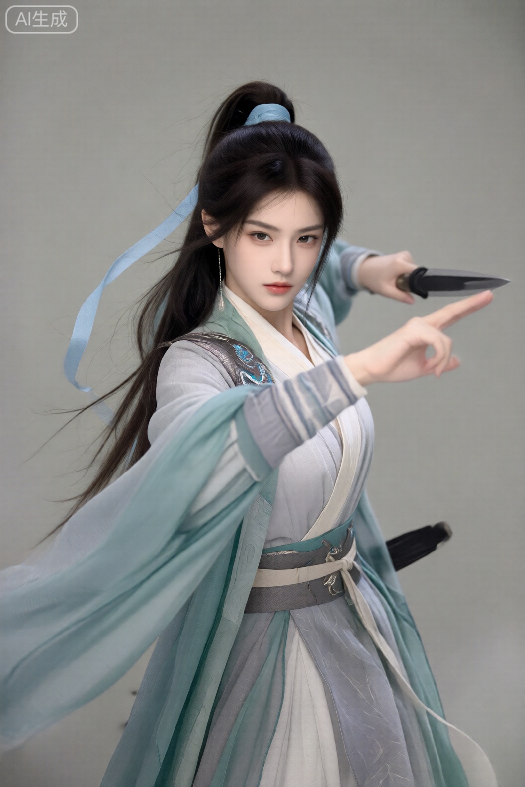 图像中的人物穿着传统的东亚服装,特别是一件带有复杂图案的飘逸长袍,腰间系着一条腰带。该角色有一头长长的深色头发,用浅蓝色丝带扎成高马尾辫。背景是柔和、柔和的灰色,突出了角色的详细服装和姿势。角色的表情专注而坚定,一只手臂向前伸出,表明他们即将采取行动或攻击。整体美感空灵而动感,通过角色的姿势和柔和的漫射灯光传达出一种运动感和能量。