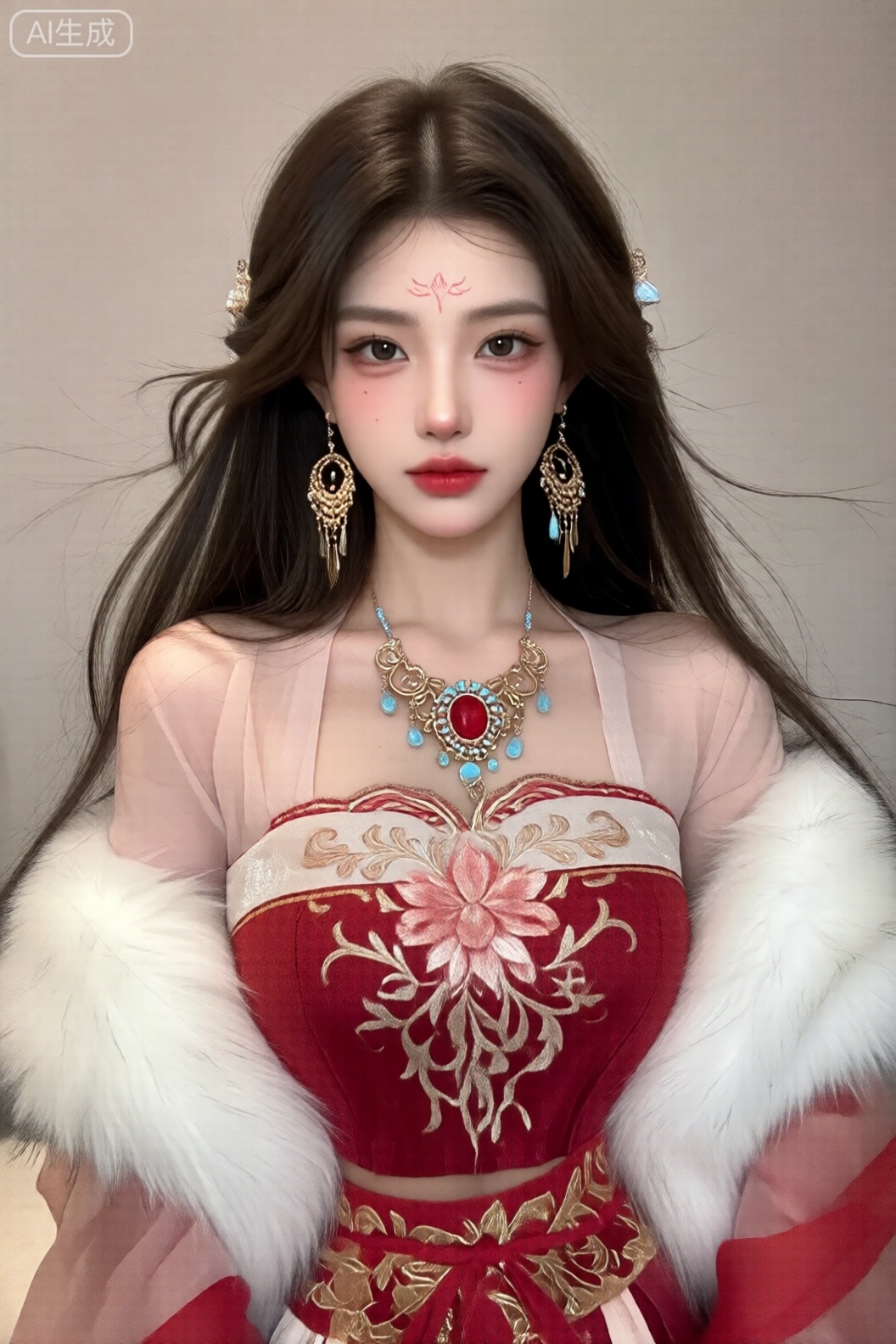 该图像描绘了一个有着长长的直发的人,头发垂过肩膀。他们的头发似乎轻微地被风吹过,有些发丝轻轻地飘向两侧。此人肤色苍白,化着红色唇膏和淡淡的眼影。 在他们的额头上,有一个精致、对称的红色图案,类似于传统的纹身或化妆设计。它们饰有华丽的大耳环,饰有复杂的金色细节。他们的脖子上戴着一条个性项链,项链中央镶嵌着一颗红色宝石,周围环绕着较小的蓝色和透明宝石,全部镶嵌在金色设计中。 这个人穿着一套结合了传统和幻想元素的精致服装。服装的上半部分是一款合身的无肩带紧身胸衣,颜色为浓郁的红色,带有金色刺绣和花卉图案。紧身胸衣的两侧为白色,带有微妙的纹理和红色镶边。肩膀上有蓬松的白色毛皮状材料,为整体增添了奢华的感觉。 服装的下半部分包括一条部分可见的裙子,混合了红色和粉色的色调,并带有更多的金色细节和花卉装饰。整体服装细节非常丰富,对图案和纹理的关注非常细致,给人一种富丽堂皇、超凡脱俗的感觉。背景是素色和浅色,有助于突出人物服装和配饰的复杂细节。

