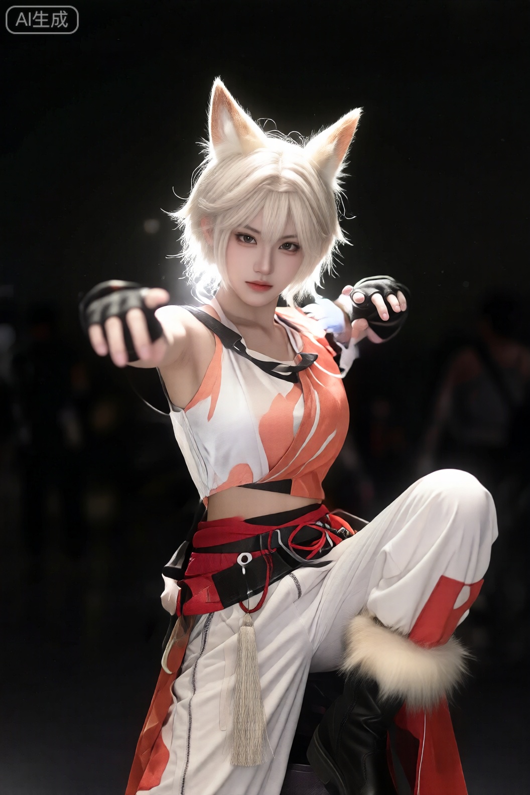 图像中一个人穿着精致的服装,可能是为了角色扮演或表演。此人有着浅色、近乎白色的头发,耳朵形状像动物,暗示着拟人化或幻想的角色。脸部部分可见,表情专注,眼睛向前看。 该服装包括一件无袖、合身的上衣,上面有白色和橙色的混合图案,胸前有一条黑色带子。人物双手戴着露指手套,右手向前伸出,摆出动感十足的姿势。 服装的下半部分是宽松的白色裤子,脚踝处有毛茸茸的装饰,前面有拉链。裤子两侧也有红色和橙色的补丁,该人穿着黑色靴子。 腰间系着红黑相间的腰带,前面垂着流苏。背景很暗,远处的人物模糊,使穿着戏服的人成为图像的清晰焦点。灯光非常引人注目,人物背后有明亮的光源,在头发周围产生光晕效果,并突出服装的细节。

