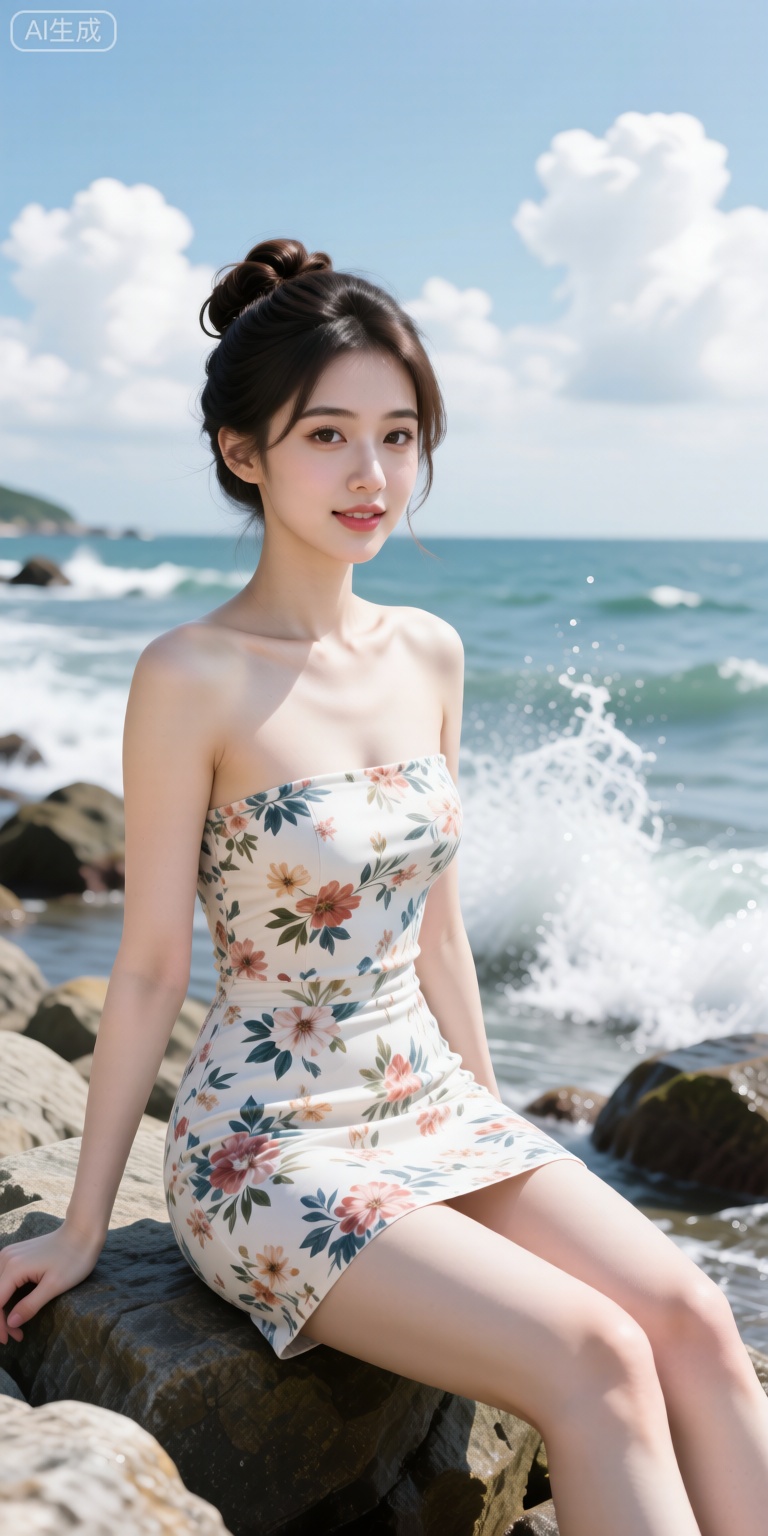 A modern-style girl with an exquisite face, lively and vibrant eyebrows and eyes, fresh and natural makeup, and a beautiful neckline. Her hair is neatly coiled up, and she is wearing a tight floral short skirt. She is sitting with her arms casually resting on her legs, and the skirt hem is gently fluttering in the wind. She is seated on the seaside rocks. In the background, the waves crash against the rocks, spraying white splashes, and there are several white clouds floating in the sky. The light is soft and bright, presenting a delicate skin texture with fresh and vivid colors. 8K resolution. best quality,masterpiece

