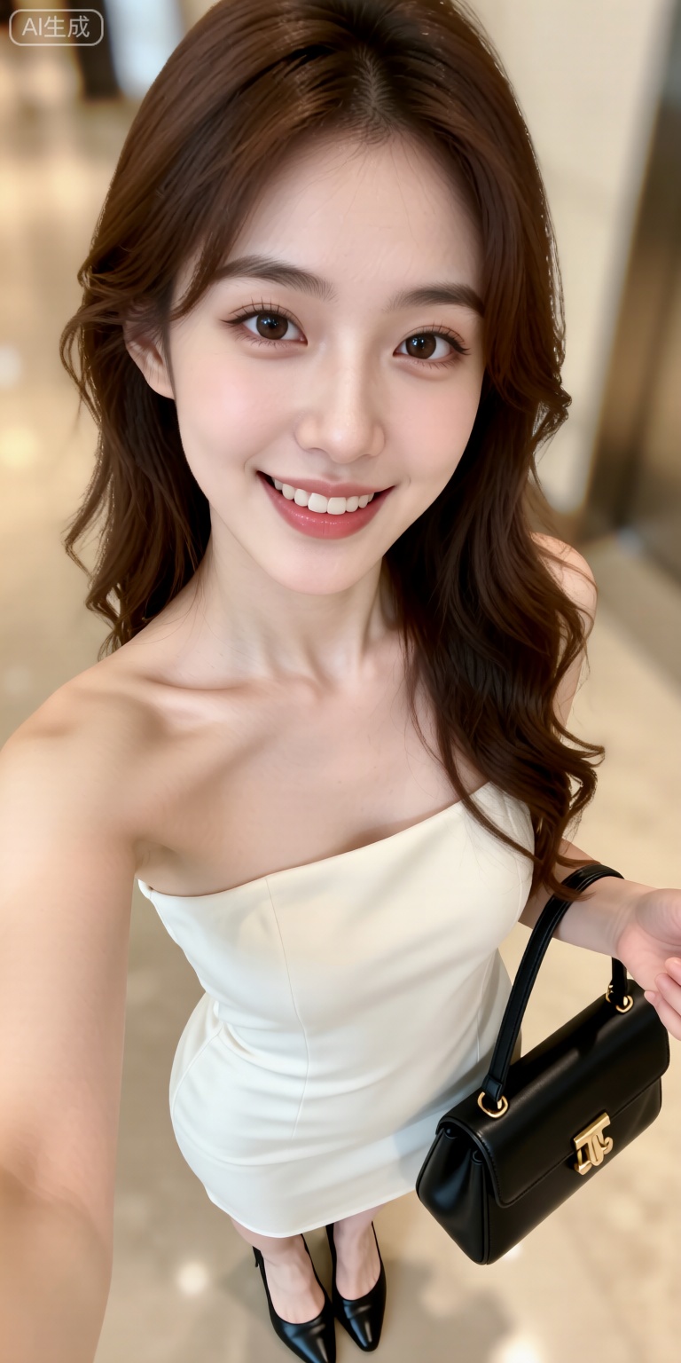 1girl, solo, long hair, looking at viewer, smile, brown hair, dress, bare shoulders, brown eyes, closed mouth, standing, collarbone, full body, sleeveless, bag, black footwear, white dress, blurry, lips, sleeveless dress, blurry background, from above, handbag, realistic, selfie