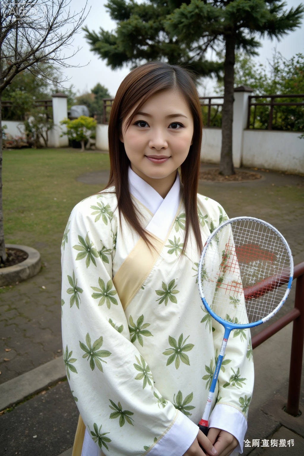 (1girl:1.3), (best quality, masterpiece, ultra high resolution),(photorealistic:1.3), (realistic:1.3), depth of field,(full body:1.2), (outdoors:1.2), (day:1.2), (cinematic lighting:1.2),beauty,sclh,badminton,badminton racket, hanfu,hanfu,sclh