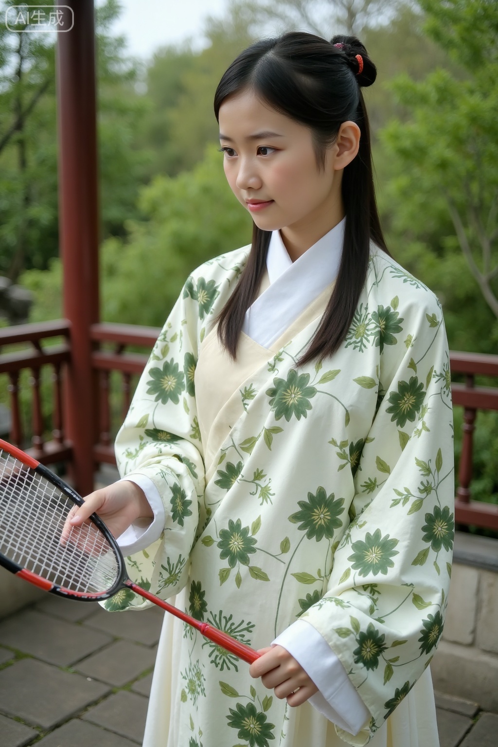 (1girl:1.3), (best quality, masterpiece, ultra high resolution),(photorealistic:1.3), (realistic:1.3), depth of field,(full body:1.2), (outdoors:1.2), (day:1.2), (cinematic lighting:1.2),beauty,sclh,badminton,badminton racket, hanfu,hanfu,sclh