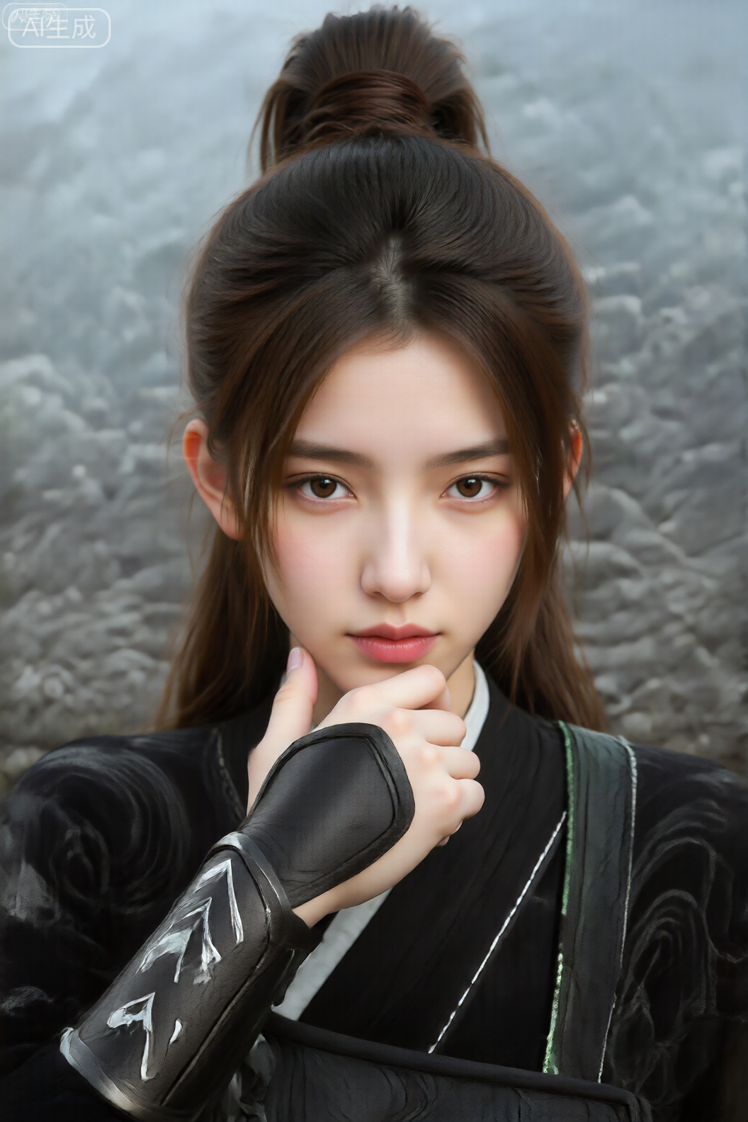 这张照片描绘了一个人,有一头棕色的长直发,扎成一个高高的、整齐的发髻,脸上有一些松散的发丝。该人穿着深色（可能是黑色）传统服装,上面有复杂的图案,包括浅色（可能是银色或灰色）的漩涡图案。该服装的边缘还具有绿色和白色饰边。此人的手抬起,手指轻轻抵着下巴,手背上戴着黑色的铠甲手套,手背上有银色的徽章。背景是模糊的岩石景观,带有薄雾、空灵的气氛,暗示着山区或崎岖的地形。整体构图和服装给人一种奇幻或历史背景的感觉。