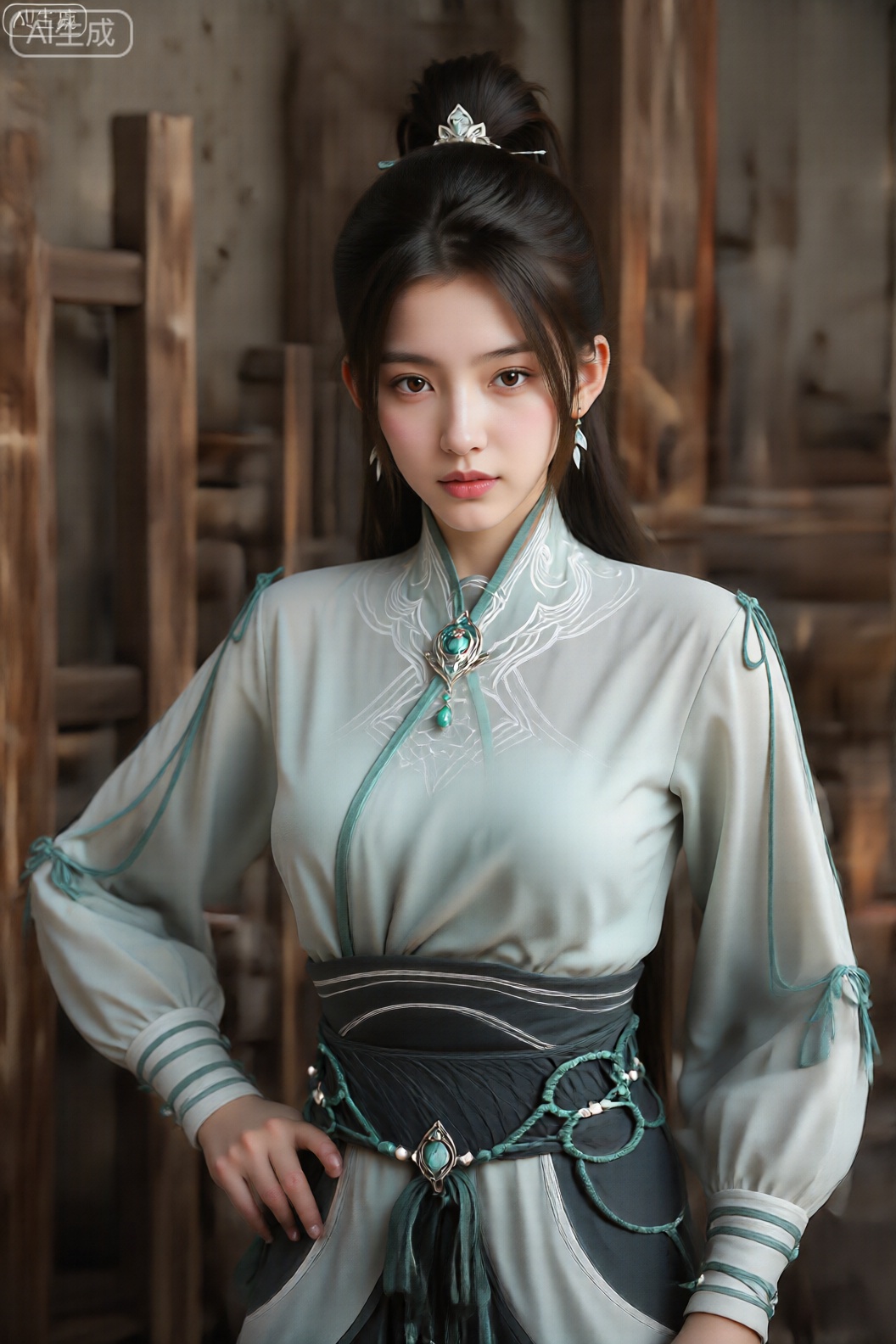 该图像描绘了一个穿着中国传统服装的人,站在看似质朴的木质内饰中。此人有一头长长的深色头发,盘成优雅的髻,并用装饰性发夹固定。她们的面部表情平静,柔和的妆容凸显了她们的五官。 衣服是一件浅薄荷绿色的长袍,带有青绿色的镶边,胸部有复杂的白色刺绣。这件高领服装的颈部有一枚显眼的胸针,饰有绿松石和精致的金属制品。袖子较长,略显蓬松,袖口和肩部附近有青色系带。宽大的深绿色腰带缠绕在腰间,饰有青色绳索、小珍珠和额外的绿松石装饰品,营造出结构和华丽的外观。 背景中有木结构（可能是家具或建筑元素）和模糊的物体,暗示着车间或传统环境。灯光柔和,投射出柔和的阴影,强调织物的纹理和服装的细节。整体构图传达出一种历史或幻想风格的优雅感,对服装和配饰的设计一丝不苟。