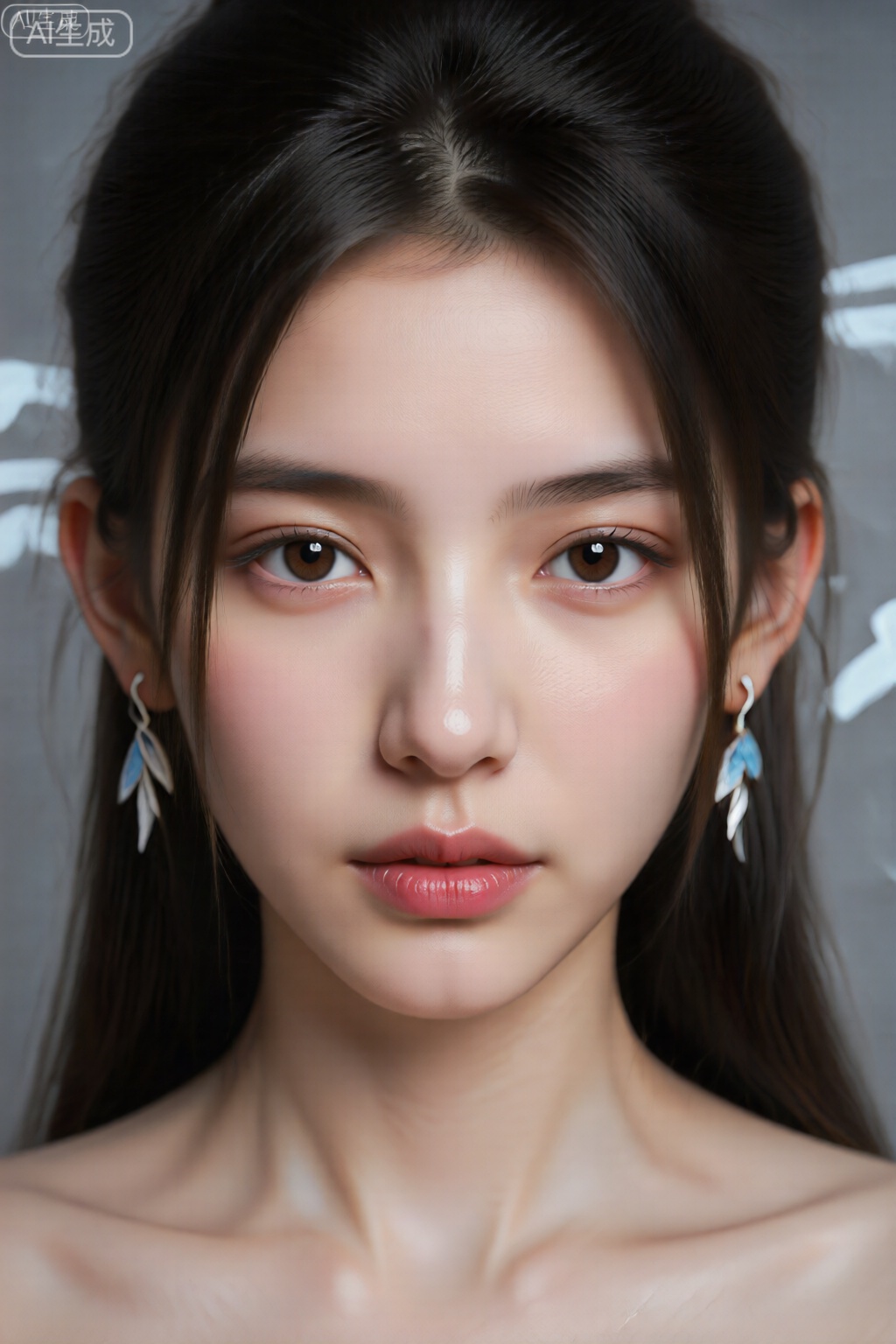 
图像是一位年轻女子的特写肖像,肤色光滑,表情平静。她的眼睛很大,呈棕色,目光柔和,直视前方。她有一头又长又直的黑发,整齐地绑在脑后,几缕头发衬托着她的脸。她的嘴唇微微张开,呈现出自然的粉红色唇色。她戴着精致的泪滴形耳环,白色带有蓝色点缀,挂在耳朵下方。背景是一面纯灰色的墙,在她头部的两侧,有一些白色的、风格化的字符或符号部分可见。整体光线柔和均匀,突出了她的五官,又不会产生刺眼的阴影。