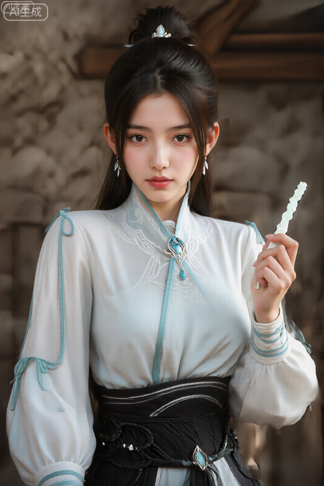 图像描绘了一位年轻女子,一头深色长发,盘成整齐的发髻,用饰有小蓝色宝石的装饰发夹固定。她有一张精致、对称的脸,五官轮廓分明,包括长长的睫毛和丰满的嘴唇。她的着装是传统而优雅的服装：白色衬衫,上面有精致的刺绣和浅蓝色镶边,泡泡袖在手腕处收拢,搭配蓝色领带。这件衬衫的颈部用一枚蓝色胸针固定,胸针上也镶嵌着一颗宝石。她穿着一件带有绳索状细节和小蓝色点缀的黑色背心,收紧腰部,为整体造型增添结构感。她的右手拿着一根细长的白色魔杖状物体,其设计是扭曲的,暗示着幻想或角色扮演的主题。背景柔和模糊,呈现质朴的石墙和木梁,营造出温暖的历史氛围。