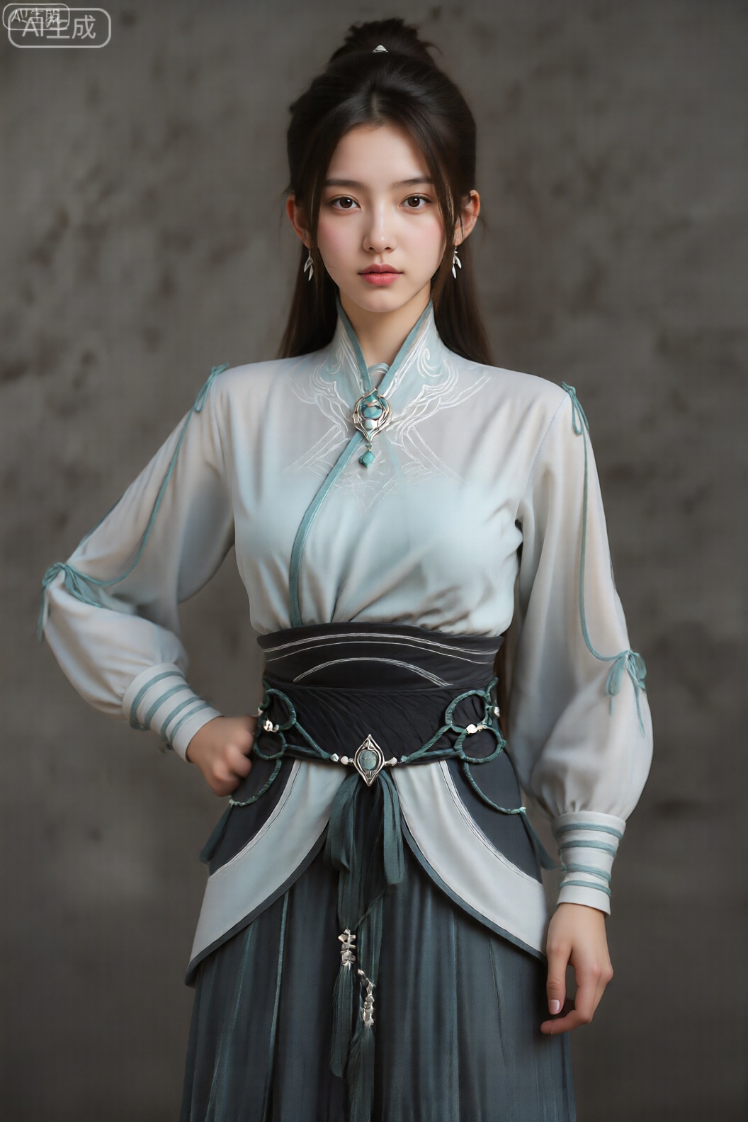 该图像描绘了一个穿着中国传统服装的人。上衣是浅蓝色和白色的长袍,上面有精致的刺绣,包括花卉或抽象图案,长袖略显蓬松。腰部用一条深色宽腰带收紧,腰带上饰有装饰性扣环和流苏,凸显了服装的结构。下衣是一条飘逸的长裙,颜色为深蓝色或灰色。此人有一头长长的深色头发,盘成松散的发髻,戴着小而悬垂的耳环。 