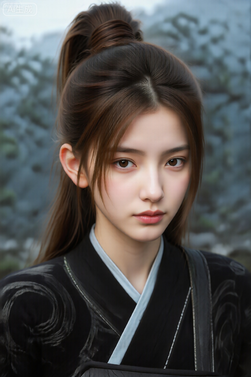 图像描绘了一个人,有一头棕色长发,扎成一个高高的、整齐的发髻,几缕松散的发丝勾勒出脸庞。头发光滑有光泽,具有自然光泽。此人肤色白皙,穿着深色（可能是黑色）传统服装,肩膀和袖子上有复杂的银色或灰色图案。这件衣服的领子处有一个浅蓝色的内衬。背景是模糊的自然景观,有树木和山区,给场景带来一种宁静而有些空灵的氛围。整体构图以人物为中心,背景提供柔和、互补的对比。