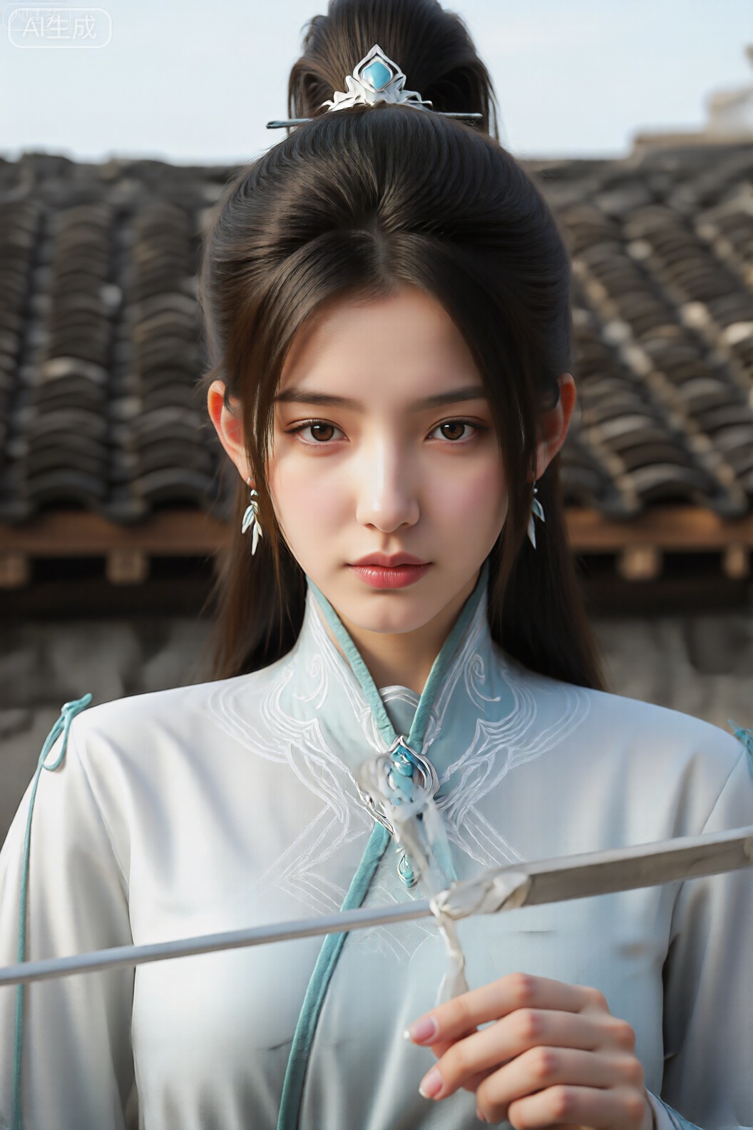 该图像描绘了一个长长的黑发,盘成优雅的髻,戴着镶有蓝色宝石的银色假发。该人穿着一件高领的中国传统服装,上面有复杂的浅蓝色和白色刺绣。该服装设计时尚、合身,接缝清晰,光泽微妙。。背景是由深色弧形瓦制成的屋顶,这是典型的中国传统建筑,上面是晴朗的天空。整体场景体现了历史和文化元素的融合,重点是服装和所持物品。