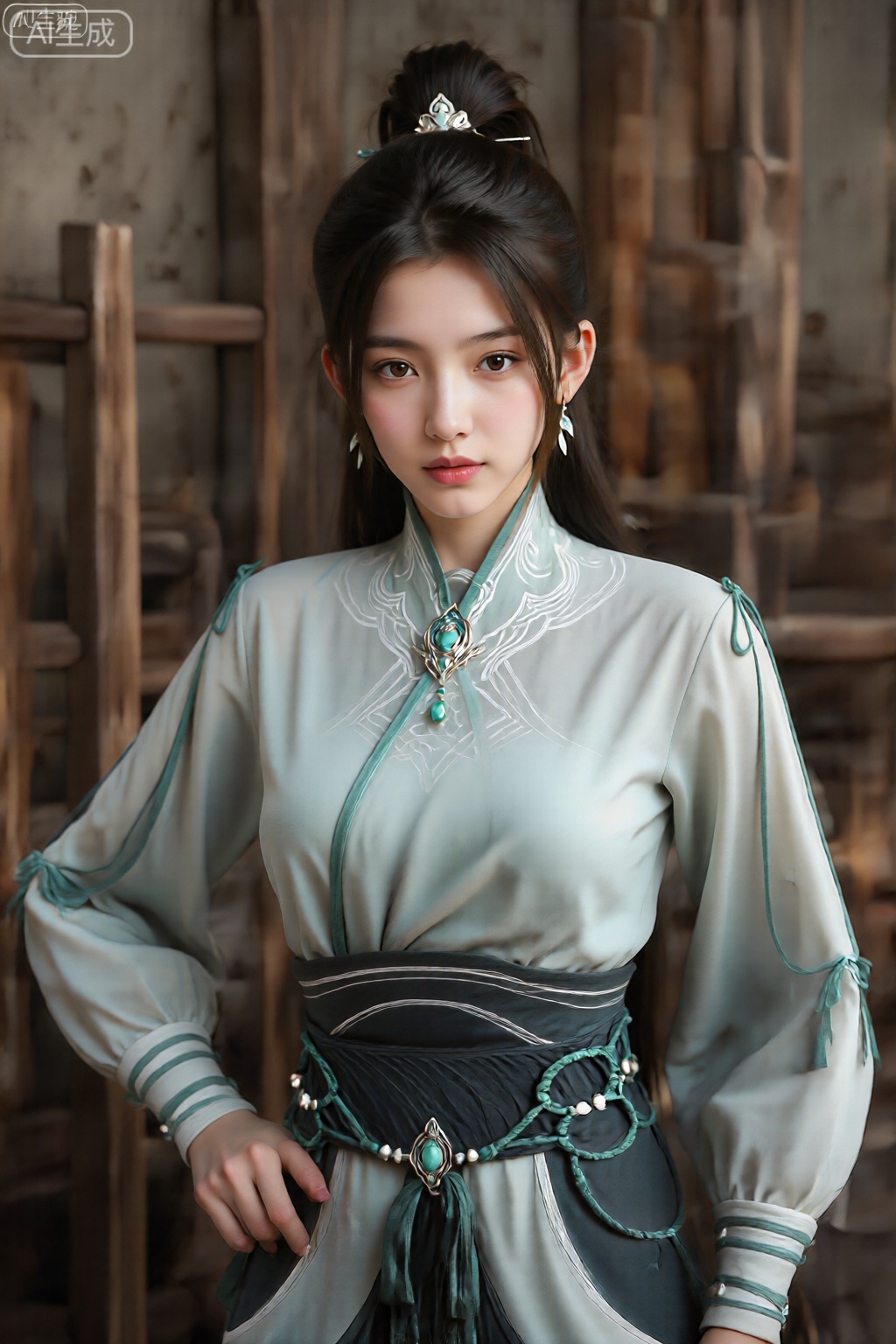 该图像描绘了一个穿着中国传统服装的人,站在看似质朴的木质内饰中。此人有一头长长的深色头发,盘成优雅的髻,并用装饰性发夹固定。她们的面部表情平静,柔和的妆容凸显了她们的五官。 衣服是一件浅薄荷绿色的长袍,带有青绿色的镶边,胸部有复杂的白色刺绣。这件高领服装的颈部有一枚显眼的胸针,饰有绿松石和精致的金属制品。袖子较长,略显蓬松,袖口和肩部附近有青色系带。宽大的深绿色腰带缠绕在腰间,饰有青色绳索、小珍珠和额外的绿松石装饰品,营造出结构和华丽的外观。 背景中有木结构（可能是家具或建筑元素）和模糊的物体,暗示着车间或传统环境。灯光柔和,投射出柔和的阴影,强调织物的纹理和服装的细节。整体构图传达出一种历史或幻想风格的优雅感,对服装和配饰的设计一丝不苟。