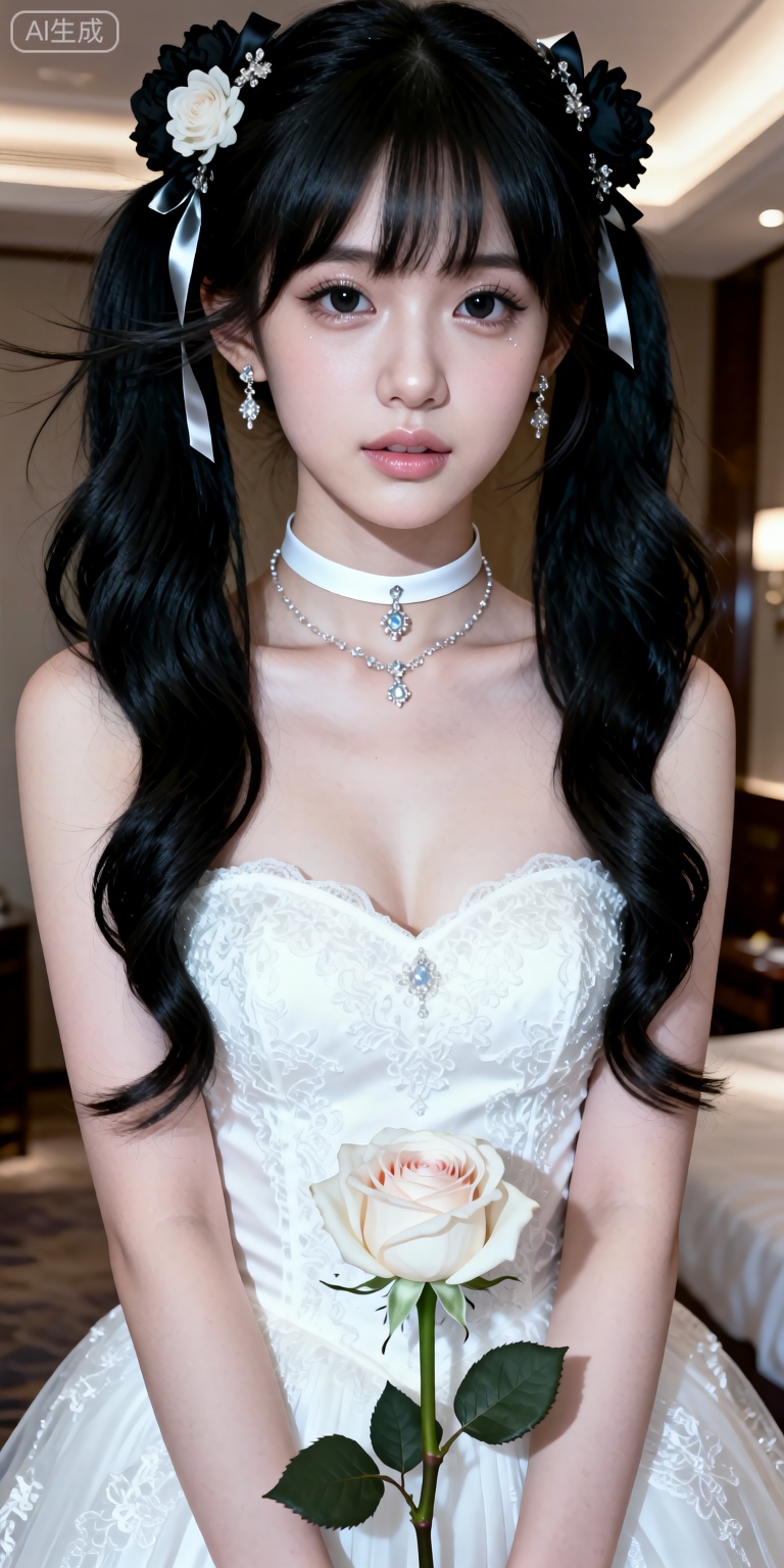 1girl, solo, long hair, breasts, looking at viewer, bangs, black hair, hair ornament, dress, ribbon, bare shoulders, twintails, jewelry, collarbone, hair ribbon, flower, earrings, parted lips, choker, indoors, hair flower, necklace, white dress, lips, strapless, rose, strapless dress, realistic