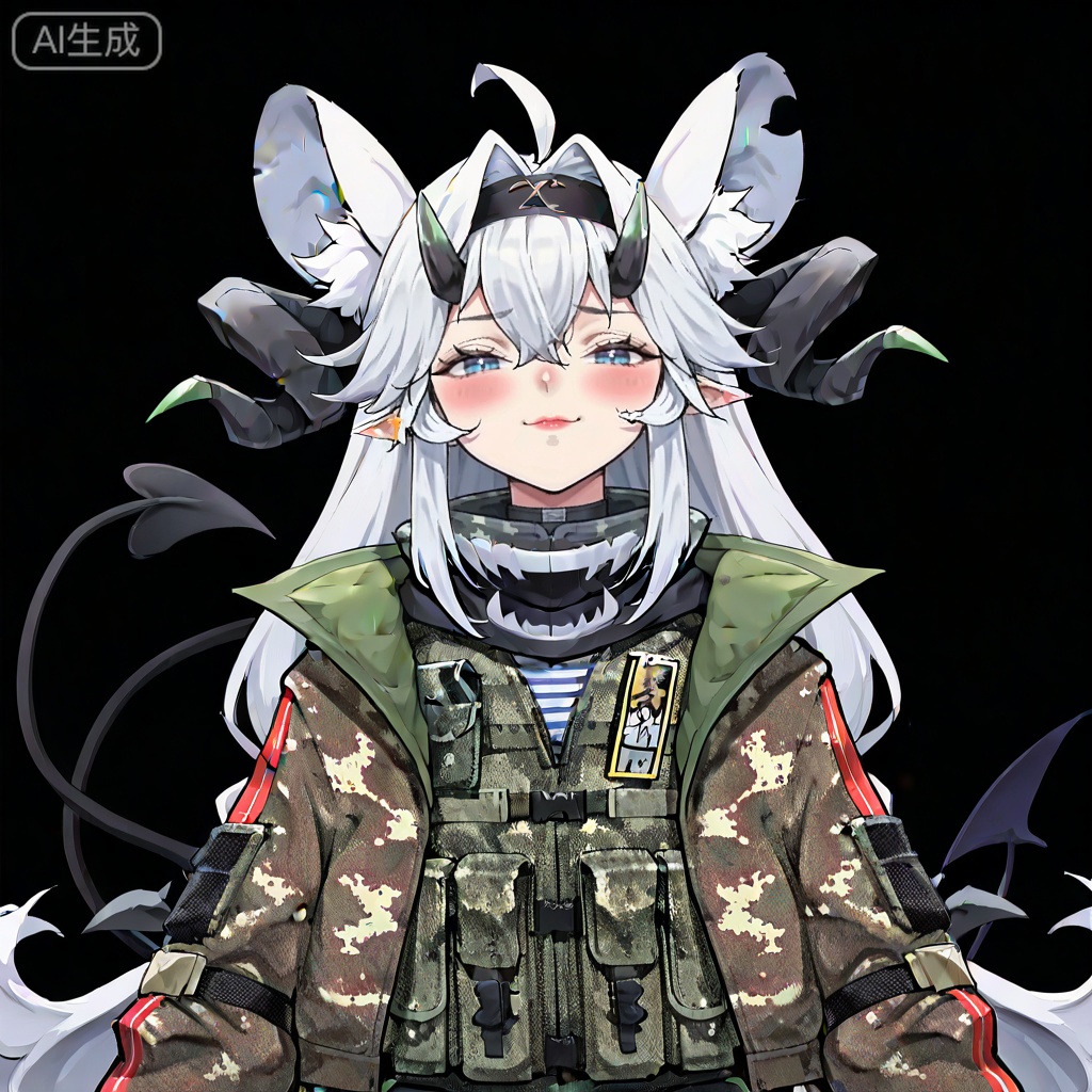 masterpiece, best quality,solo,((white background:1.2)),simple background,, 
looking at viewer,
shuangweihuixing,rat ears,horns,blue eyes,animal ears,ahoge,white hair,animal ear fluff,demon tail,demon horns,long hair,dajiaoshu_style,closed mouth,2 tails,gloves,jacket,pantyhose,hairband,boots,shorts,black gloves,virtual youtuber,black pantyhose,thigh strap,black shorts,pouch,knee pads,camouflage,camouflage jacket