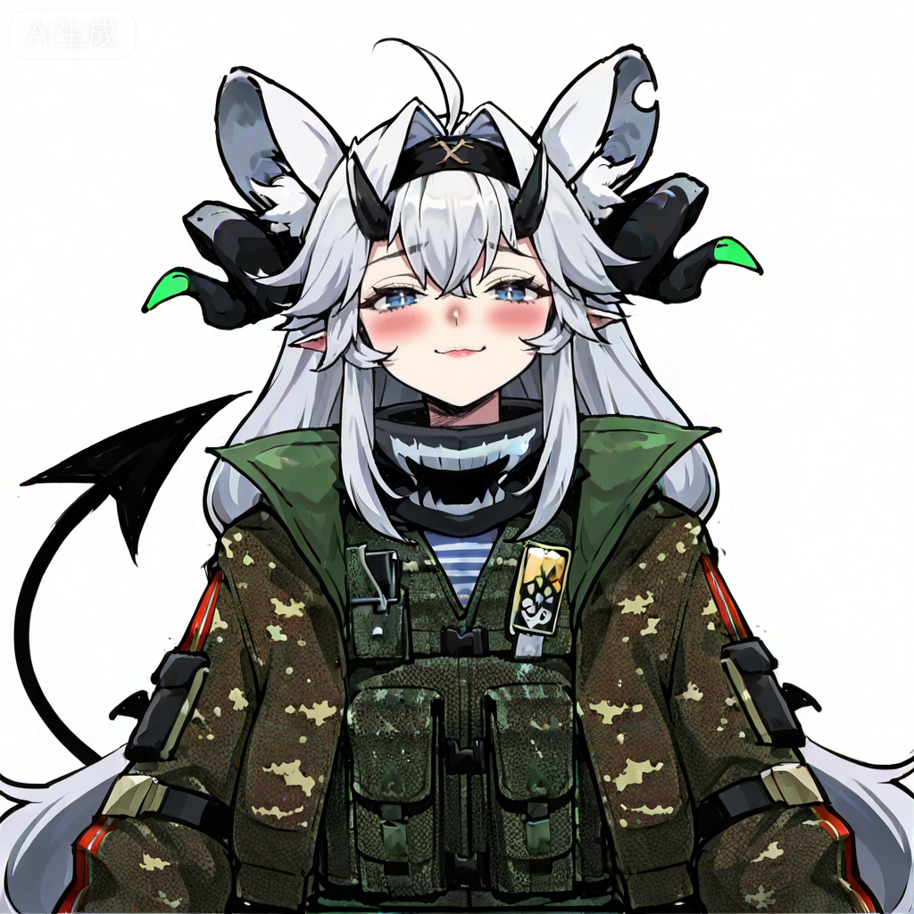 masterpiece, best quality,solo,((white background:1.2)),simple background,, 
looking at viewer,
shuangweihuixing,rat ears,horns,blue eyes,animal ears,ahoge,white hair,animal ear fluff,demon tail,demon horns,long hair,dajiaoshu_style,closed mouth,2 tails,gloves,jacket,pantyhose,hairband,boots,shorts,black gloves,virtual youtuber,black pantyhose,thigh strap,black shorts,pouch,knee pads,camouflage,camouflage jacket