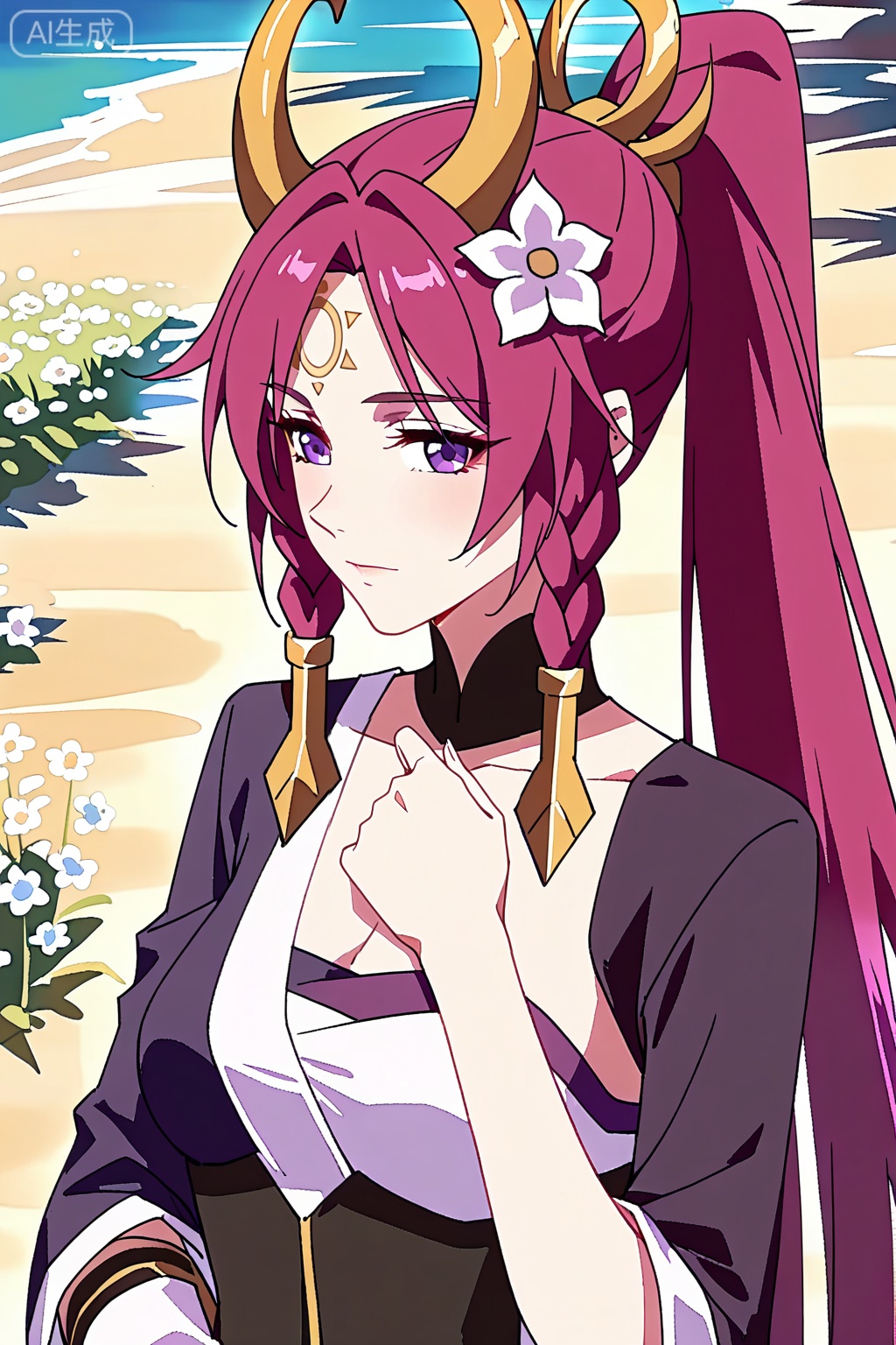伽罗,best quality,amazing quality,Purple-red hair, braids, high ponytail, gold horn headpiece, white flower in hair, purple eyes,dark purple and white one-sleeve dress,high collar,single white long glove,dark corset,
