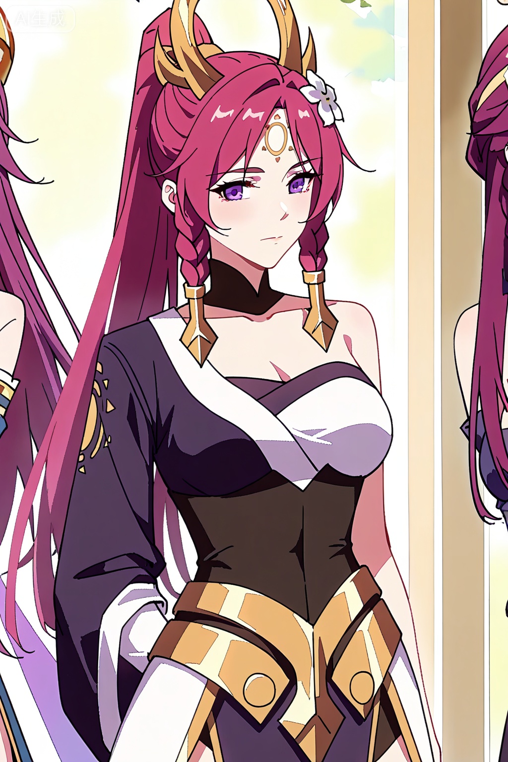 伽罗,best quality,amazing quality,Purple-red hair, braids, high ponytail, gold horn headpiece, white flower in hair, purple eyes,dark purple and white one-sleeve dress,high collar,single white long glove,dark corset,