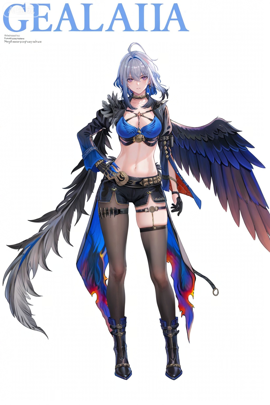 8k,best quality,masterpiece,(ultra-detailed),(high detailed skin),
((artist:reoen),(artist:fuzichoco),(artist:atdan),(artist:torino_aqua),year 2024:0.8)1girl,[artist:wlop],[artist:ningen_mame],artist:ciloranko,[[artist:rhasta]],artist:tidsean,colorful,
full body,full shot,standing,(solo:1.2),simple background,(white background:1.2),hand on own hip,(white background:1.1),looking at viewer,english text,
,Galbrena \(Wuthering Waves\),Galbrenadef,clothes: Galbrenadef clothes,Galbrenadef black shorts,Single-Shoulder Feathered black Capelet,Galbrenadef blue-and-black Hip Drapes,Galbrenadef black-and-blue long sleeves,Galbrenadef asymmetric black thighhighs,Galbrenadef blue right-hand,Galbrenadef black single left-glove,
1girl,solo,breasts,boots,navel,white background,cleavage,purple eyes,jewelry,thigh strap,earrings,black footwear,grey hair,black pantyhose,pantyhose,Galbrenadef black single left wing,