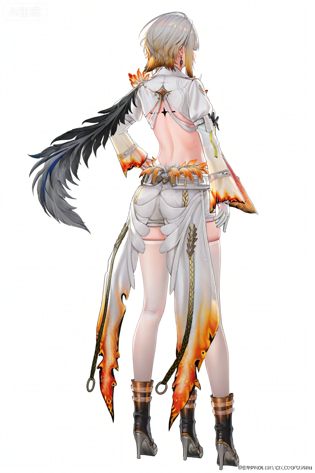 8k,best quality,masterpiece,(ultra-detailed),(high detailed skin),
((artist:reoen),(artist:fuzichoco),(artist:atdan),(artist:torino_aqua),year 2024:0.8)1girl,[artist:wlop],[artist:ningen_mame],artist:ciloranko,[[artist:rhasta]],artist:tidsean,colorful,
full body,full shot,standing,(solo:1.2),simple background,(white background:1.2),hand on own hip,(white background:1.1),from behind,english text,
 ,Galbrena \(Wuthering Waves\),Galbrenapro,clothes: Galbrenapro outfit,Galbrenapro white shorts,Single-Shoulder Feathered black Capelet,Galbrenapro white-and-red Hip Drapes,Galbrenapro white-and-red long sleeves,Galbrenapro asymmetric white thighhighs,1girl,Galbrenapro asymmetric white thighhighs,Galbrenapro red right-hand,Galbrenapro white single left-glove,pantyhose,white jacket,
breasts,multicolored hair,jewelry,earrings,white pantyhose,grey hair,pantyhose,
back,Tacet Mark,back black Symmetrical Star tattoo,white clothes,