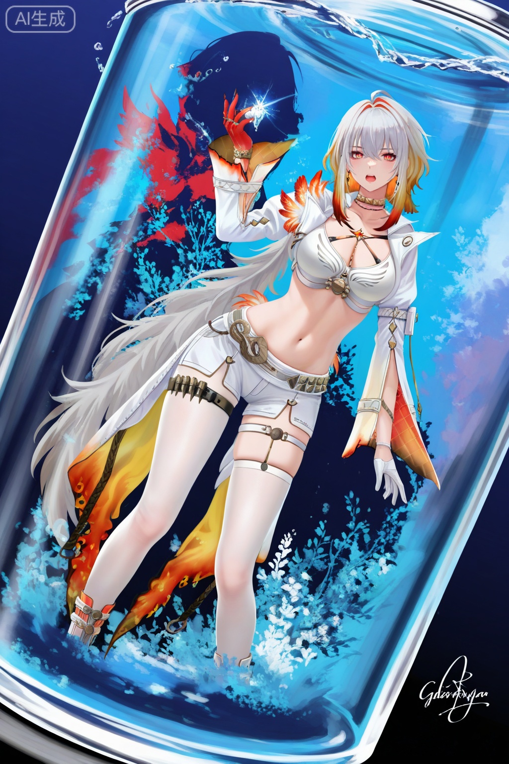 masterpiece,best quality,good quality,1girl,::,__artist__,year 2024,(blending:1.4),(limited palette:1.2),(no lineart:1.2),(flat color:1.2),(light blue background:1.2),(spot color:1.2),dutch angle,minimalism,silhouette,flat color,open mouth,no lineart,breasts,limited palette,signature,very awa,masterpiece,best quality,newest,highres,absurdres,
,
,jijia,2d,anime,1girl,solo,looking at viewer,in container,see-through,standing,hand up,character name,black background,reflection,copyright name,gradient,a glass bottle with a picture of a woman on it,a picture of a girl inside a clear container with a bunch of stuff in it,interval glass,inside the container,glass separation,
,
Galbrena \(Wuthering Waves\),Galbrenapro,clothes: Galbrenapro outfit,Galbrenapro white shorts,Single-Shoulder Feathered black Capelet,Galbrenapro white-and-red Hip Drapes,Galbrenapro white-and-red long sleeves,Galbrenapro asymmetric white thighhighs,1girl,Galbrenapro asymmetric white thighhighs,Galbrenapro red right-hand,Galbrenapro white single left-glove,pantyhose,white jacket,
breasts,navel,multicolored hair,jewelry,earrings,white pantyhose,grey hair,pantyhose,