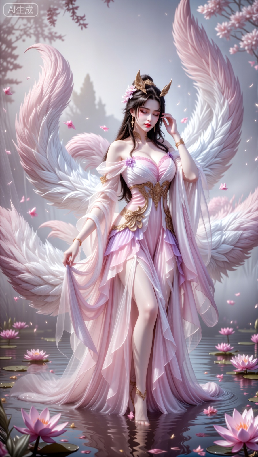 An enchanting fantasy fox - deity figure with voluminous, multi - tailed plumage in white and soft pink hues stands elegantly in a calm pond scattered with pink water lilies. She is clad in a breathtaking, diaphanous gown of pale pink and lavender, featuring ornate golden filigree at the waist and billowing, sheer sleeves that flow with ethereal grace. Her dark tresses are adorned with a delicate golden headpiece and floral adornments, and she poses with serene poise, one hand lightly caressing her hair. The setting is a mist - veiled, magical landscape, illuminated by gentle, diffused light that enhances the surreal, heavenly mood. This image is crafted in a hyper - realistic fantasy illustration style, utilizing a medium shot to showcase the full splendor of her attire, tails, and the tranquil watery realm, deep depth of field to retain clarity in both the subject and the misty, floral background, rich and harmonious color grading that blends pastel tones with golden accents, and a composition that radiates divine tranquility and mythical beauty. Produced with museum - quality detail, smooth textures, and a luminous, fairy - tale atmosphere.