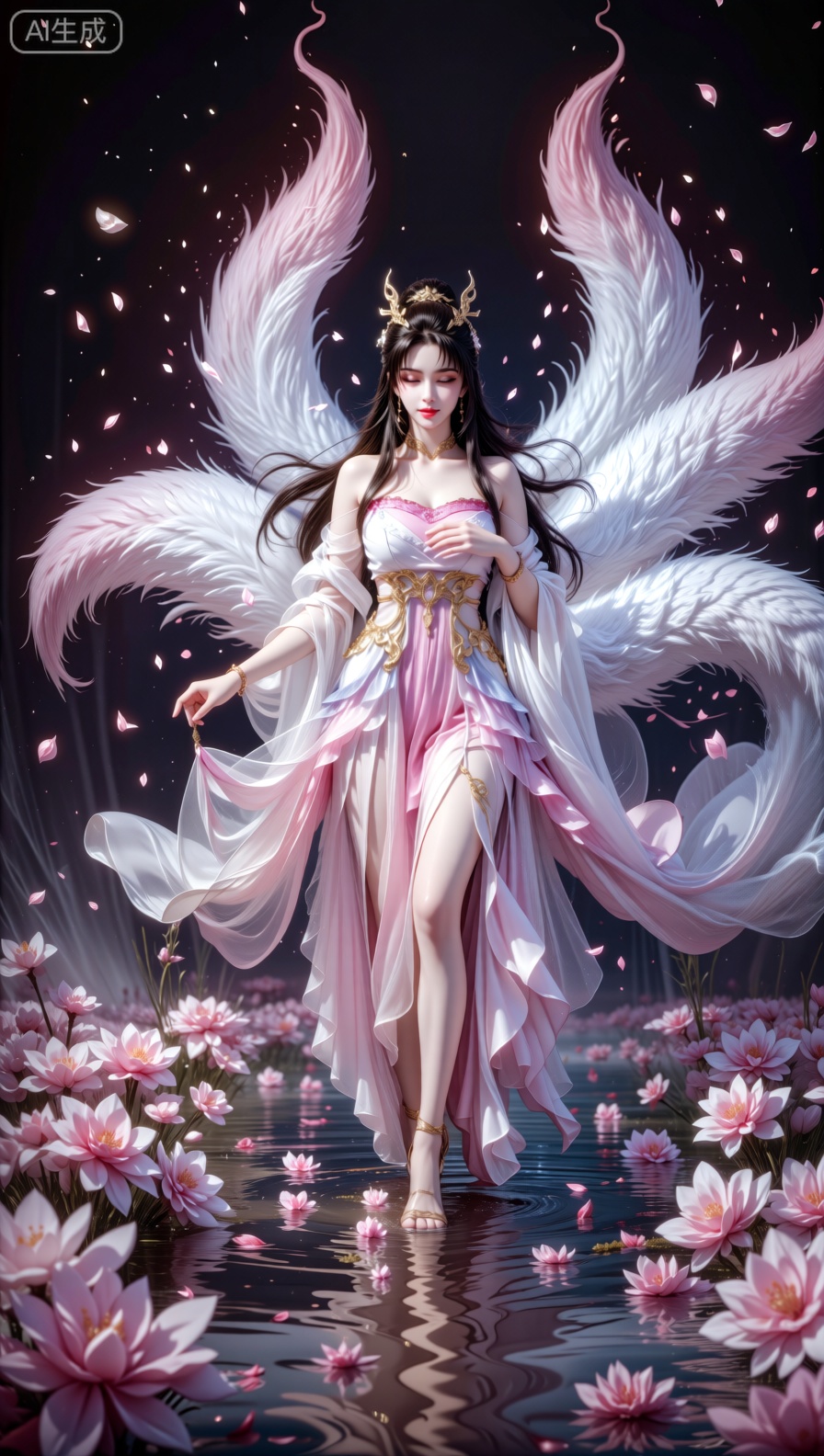 一位人物身着带有金色装饰的粉白色古风长裙,裙摆飘逸,行走在布满粉色花朵的浅水中。她身后有巨大的、带有粉色渐变的白色狐尾,头上戴着精致的头饰,整体画面营造出神秘且唯美的古风奇幻氛围。