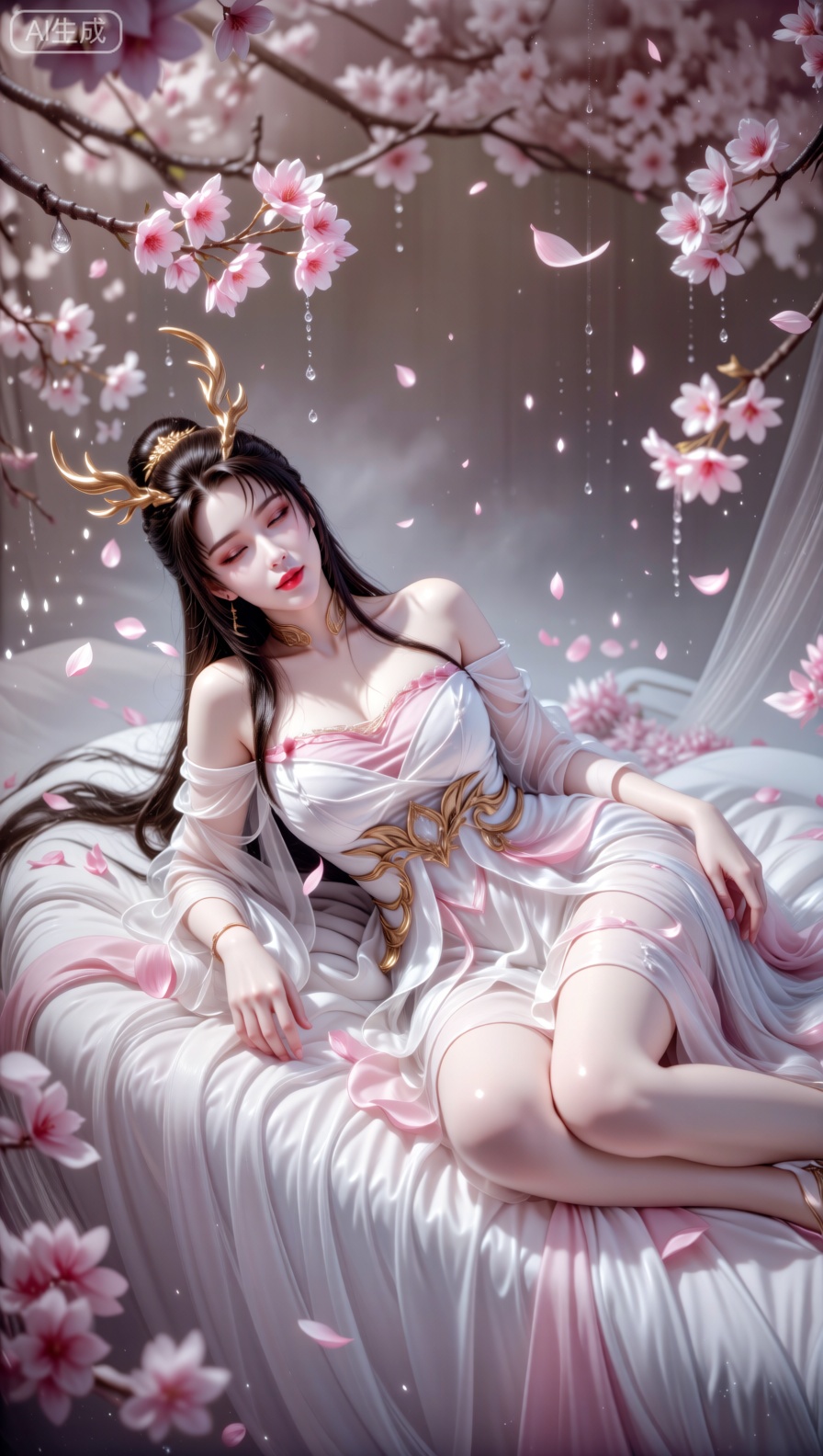 A serene celestial figure with elegant golden antler - like headpieces and flowing dark hair reclines gracefully on a bed...