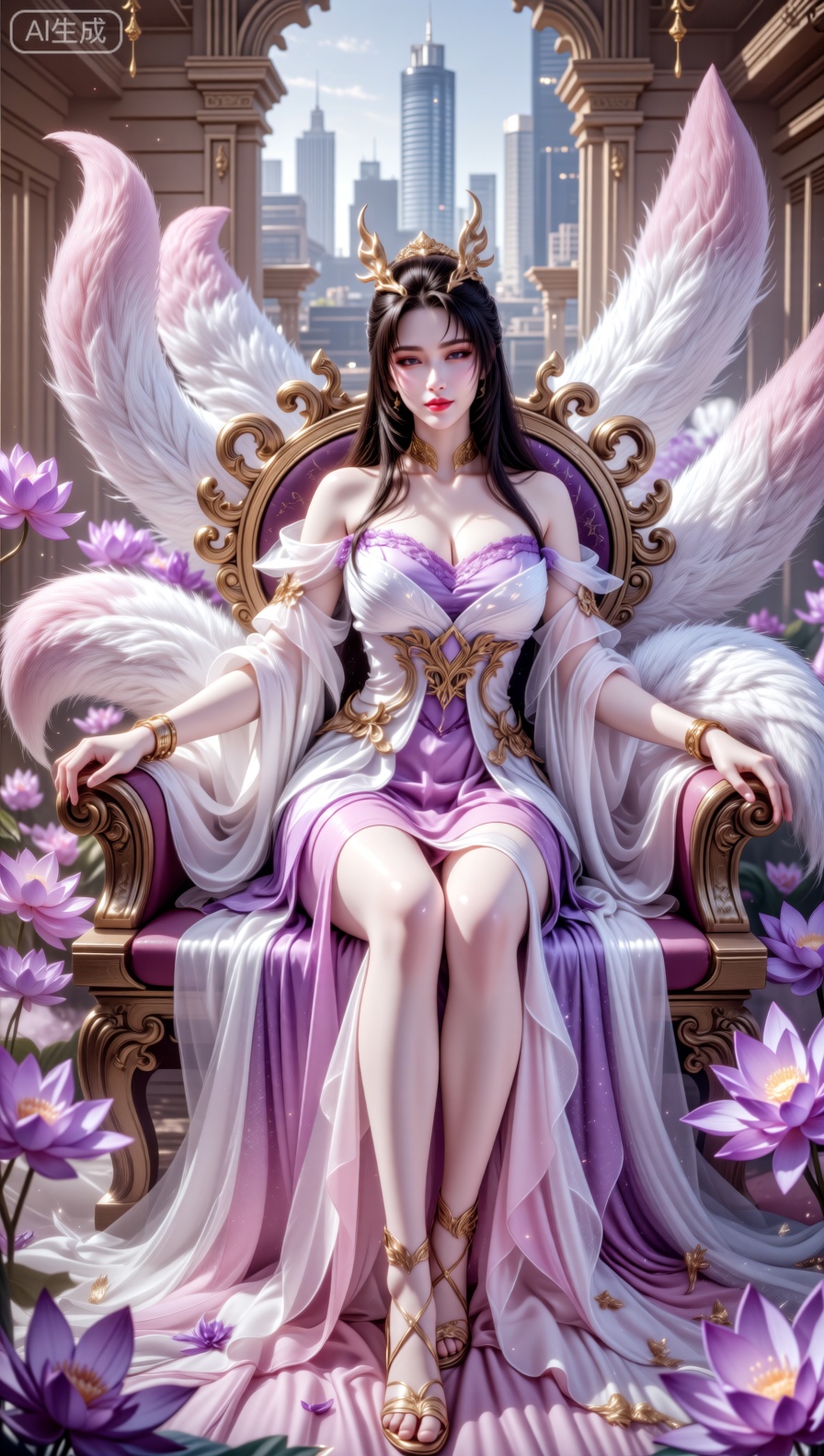 A regal celestial fox - spirit woman sits gracefully on an ornate throne adorned with large,  fluffy white tails tipped in...