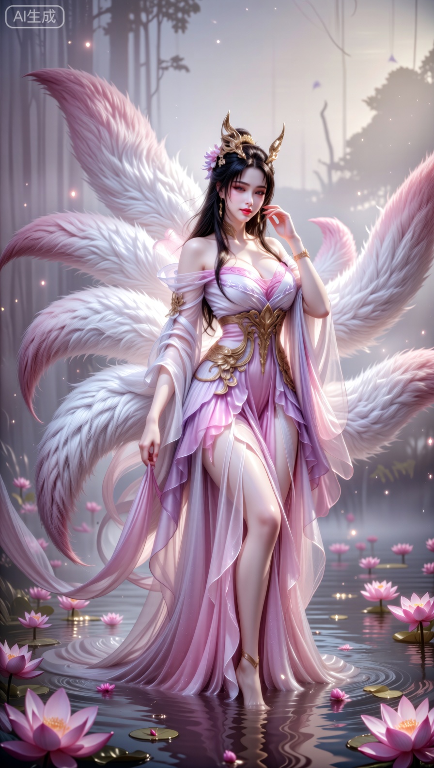 A majestic celestial fox - spirit woman with multiple large, fluffy white and pink - tipped tails stands gracefully in a serene body of water adorned with floating pink lotus flowers. She wears an ethereal, flowing gown in shades of soft pink and lavender, with intricate golden embellishments at the waist and delicate, translucent fabric that drapes elegantly. Her dark hair is adorned with a golden, antler - like headpiece and floral accents, and her pose is poised with one hand gently touching her hair. The background is a misty, dreamlike landscape with soft light filtering through, creating a tranquil and otherworldly atmosphere. Captured in a high - fantasy digital art style with photorealistic rendering, using a medium shot to emphasize her regal presence and the intricate details of her attire and tails, shallow depth of field to blur the misty background and focus on her, vibrant yet muted color grading that highlights the pinks, lavenders, and golds, and a composition that conveys mystical elegance. Rendered with ultra - high resolution, sharp focus on the fabric textures, fur details, and water ripples, and a luminous, dreamy ambiance.