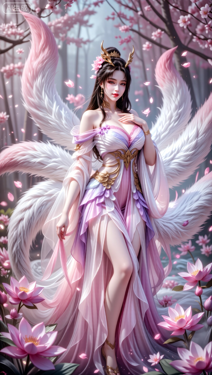 A majestic celestial fox - spirit woman with multiple large, fluffy white tails adorned with subtle pink hues stands gracefully amidst a sea of blooming pink flowers (lotus and cherry blossom - like blooms). She wears an ethereal, flowing gown in shades of soft pink, lavender, and white, with intricate golden embellishments at the waist and delicate, translucent fabric that drapes elegantly. Her dark hair is adorned with a golden, antler - like headpiece and pink floral accents, and her pose is gentle with one hand resting near her chest. The background is a dreamy forest filled with pink blossoms, bathed in soft, diffused light that creates a tranquil and otherworldly atmosphere. Captured in a high - fantasy digital art style with photorealistic rendering, using a medium shot to emphasize her regal presence and the intricate details of her attire, tails, and surrounding flowers, shallow depth of field to blur the distant floral background and focus on her, vibrant yet muted color grading that highlights the pinks, lavenders, and golds, and a composition that conveys mystical elegance. Rendered with ultra - high resolution, sharp focus on the fabric textures, fur details, and flower petals, and a luminous, dreamy ambiance.
