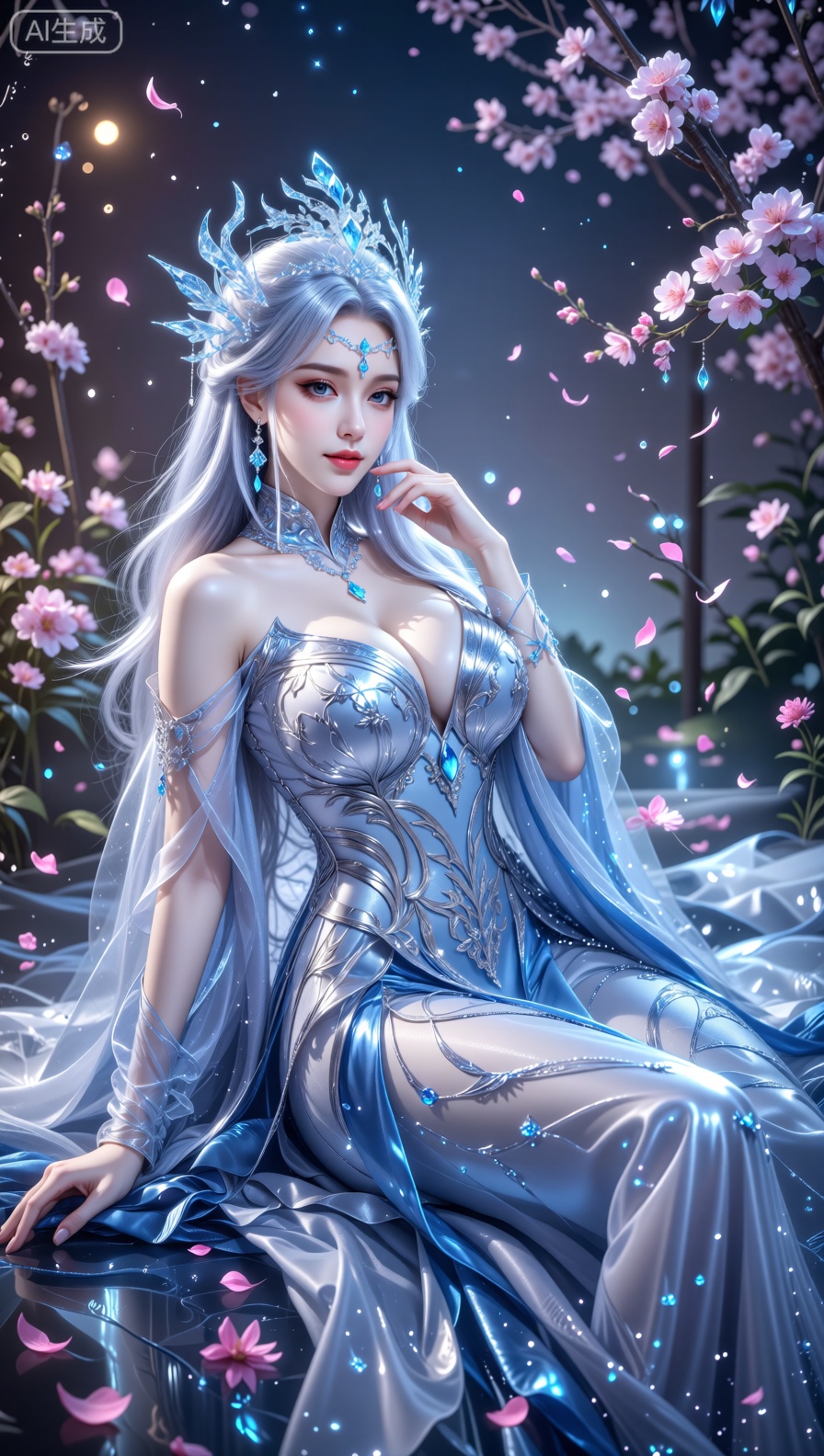An enchanting figure with luminous silver tresses and an elaborate icy crystal headpiece lounges regally on a throne adorn...