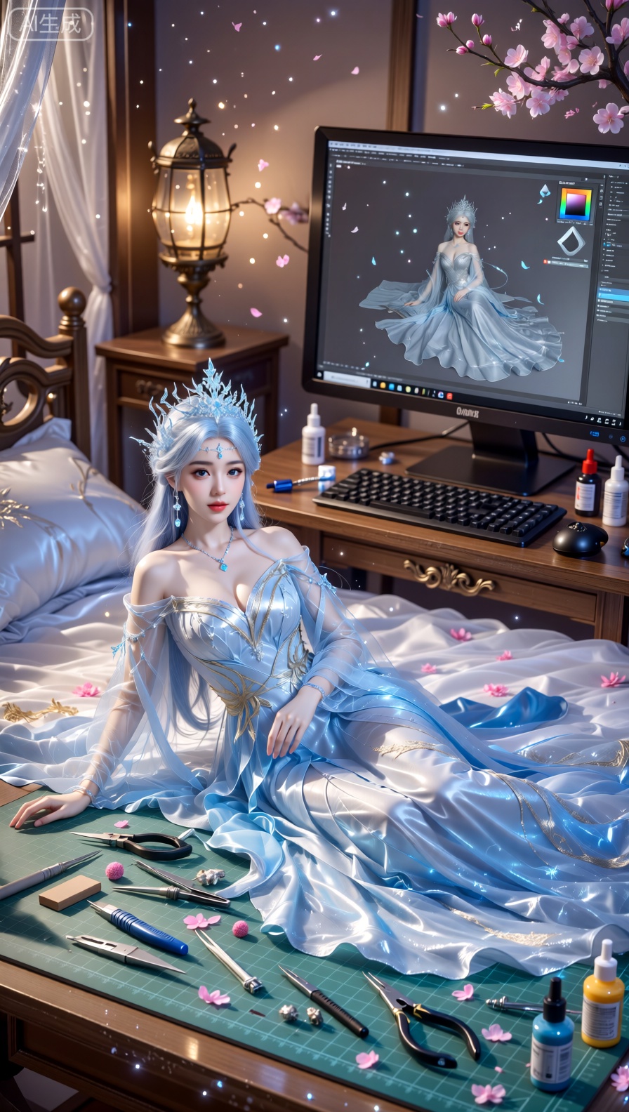 An enchanting figure with luminous silver - blue tresses and an elaborate icy crystal headpiece lounges gracefully on a be...