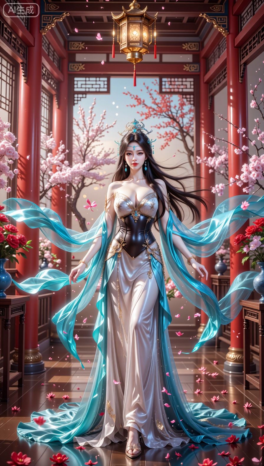 An enchanting divine figure stands regally in a magnificent traditional East Asian hall,  illuminated by soft,  diffused s...