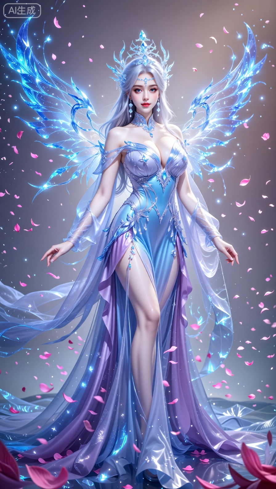 An enchanting divine being with luminous silver tresses and an elaborate icy crystal headpiece stands gracefully,  flanked...
