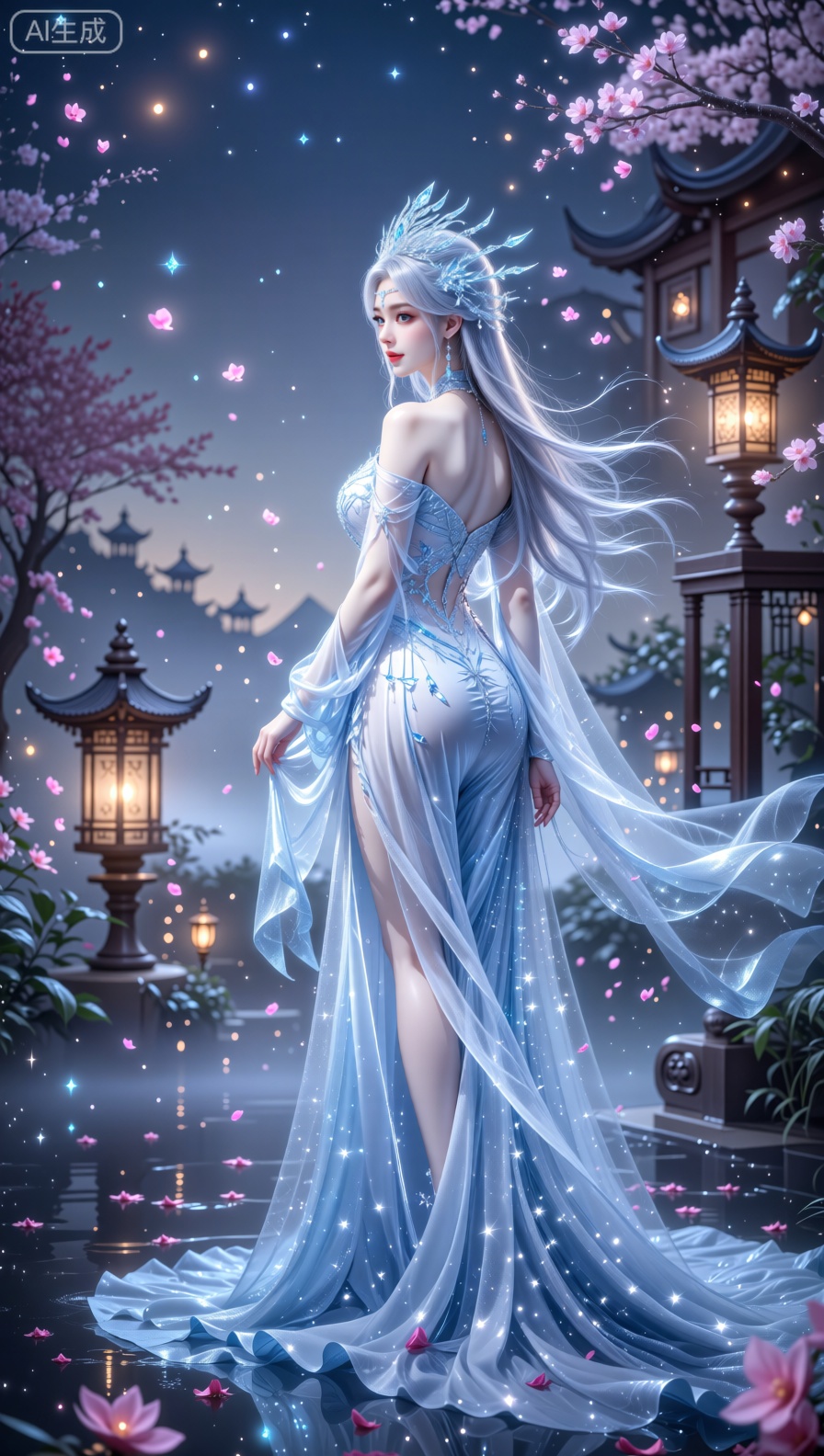 An enchanting figure with luminous silver tresses and an elaborate icy crystal headpiece stands in profile, her back to the viewer, showcasing a breathtaking off - shoulder gown of pale blue and white. The gown features diaphanous, sparkling fabric, a dramatic high slit, and intricate back detailing, flowing elegantly with the breeze. The setting is a mystical twilight garden filled with floating pink blossoms, traditional lanterns, and misty architectural forms, illuminated by soft, ethereal light that enhances the surreal, dreamy mood. This image is crafted in a hyper - realistic fantasy illustration style, utilizing a medium shot to highlight the lush flow of the gown, the delicate crystal adornments, and the magical ambiance, deep depth of field to retain clarity in both the subject and the enchanted garden background, harmonious color grading that blends cool blues and whites with the warm glow of the lanterns, and a composition that radiates celestial tranquility and refined beauty. Photographed with a 100mm lens at f/2.2, 1/250s, ISO 200, delivering gallery - quality imagery with breathtaking detail, smooth textures, and a luminous, fairy - tale ambiance.
