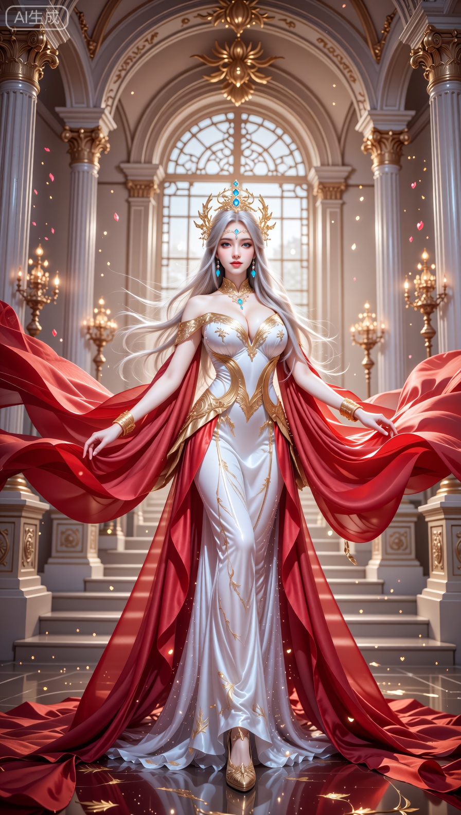 An enchanting divine figure stands gracefully on a set of steps in a resplendent baroque - inspired hall,  filled with sof...