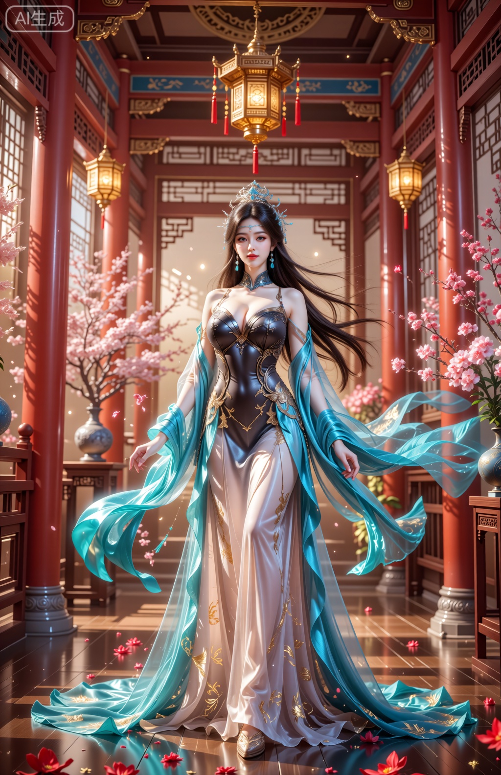 A majestic woman stands gracefully within a resplendent traditional East Asian architectural hall,  bathed in warm,  golde...