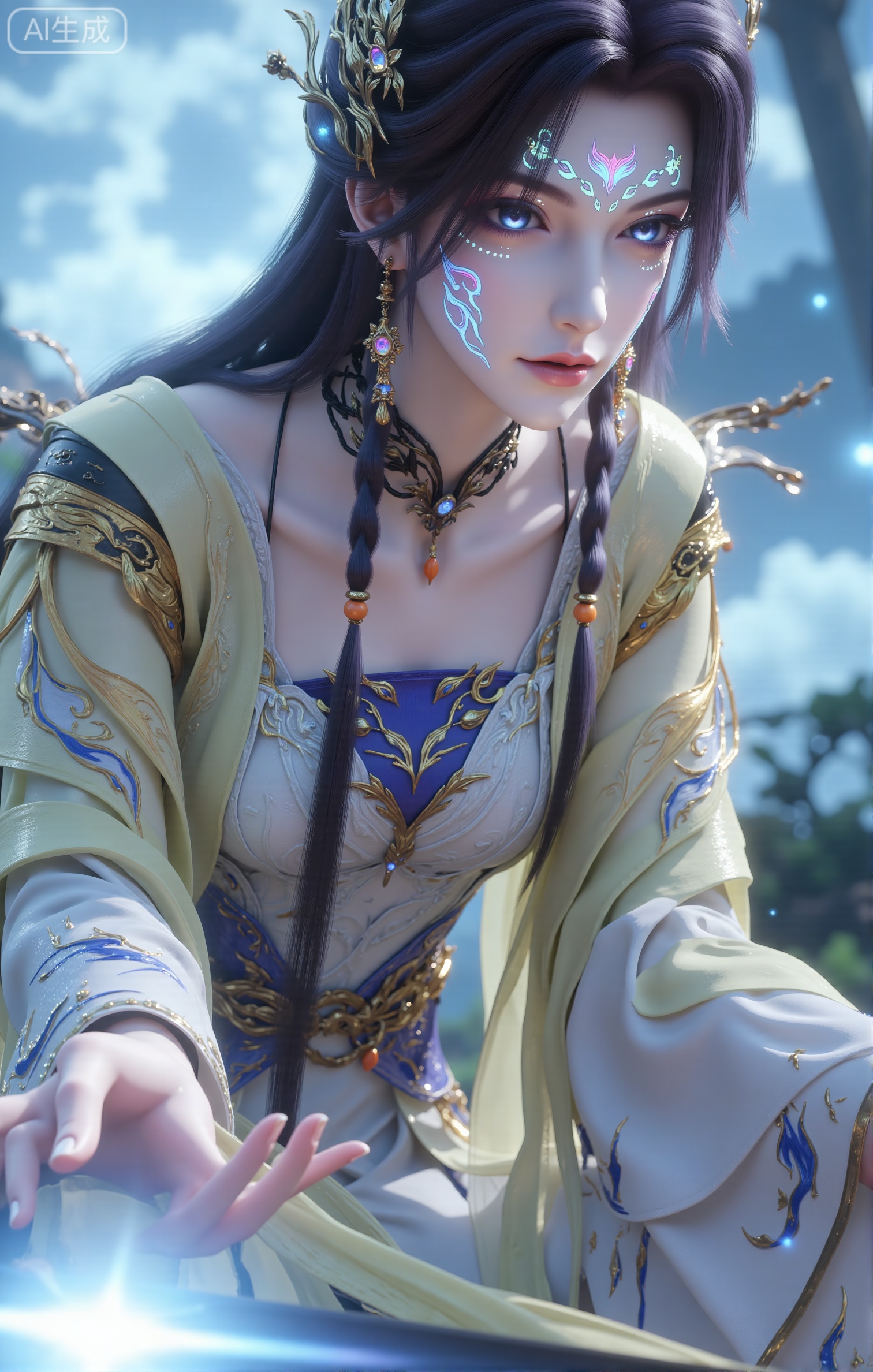 - Key elements: a female character in the style of an Oriental fairy tale, with blue eyes, fluorescent colorful flowers on her face (a pink-purple flower shape on her forehead, blue and white flame patterns and dot-like decorations on her cheeks), long black hair with double braids, gold hollow hair accessories (embellished with jewelry), gold earrings, and a black necklace (with orange beads); the background is a hazy forest scene with light blue mist and luminous particles.
​
- Posture: Half squatting posture, leaning slightly forward with one hand stretched forward, showing a dynamic sense of exploration or interaction.
​
- Clothing details: Wearing a yellow and white Xianxia costume, the top has a cross-collar design with blue and white moire embroidery; the outer robe is light and thin, with delicate golden patterns on the sleeves; the overall tailoring fits the body shape, showing an elegant yet refined style.
​
- Style: Realistic to 3D rendering style, integrating oriental fairy tales and fantasy elements. The light and shadow of the picture are delicate, the colors are fresh and layered, and the details (such as ornaments, patterns, fluorescent flowers) are exquisitely carved, creating a dreamy and fairy-like atmosphere.
​
- Composition: Use a close-up composition from an elevated angle, focusing on the upper body and face of the character. The background is blurred to highlight the subject. The picture is full of visual tension. The light illuminates the character from the side, strengthening the sense of three-dimensionality and fantasy.