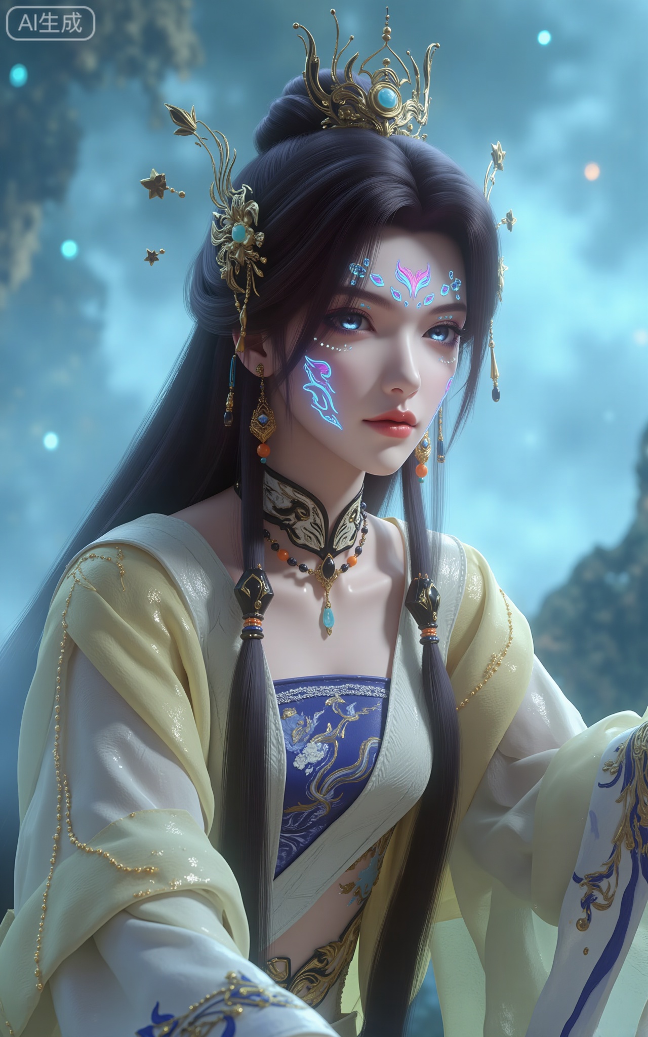 - Key elements: a female character in the style of an Oriental fairy tale, with blue eyes, fluorescent colorful flowers on her face (a pink-purple flower shape on her forehead, blue and white flame patterns and dot-like decorations on her cheeks), long black hair with double braids, gold hollow hair accessories (embellished with jewelry), gold earrings, and a black necklace (with orange beads); the background is a hazy forest scene with light blue mist and luminous particles.
​
- Posture: Half squatting posture, leaning slightly forward with one hand stretched forward, showing a dynamic sense of exploration or interaction.
​
- Clothing details: Wearing a yellow and white Xianxia costume, the top has a cross-collar design with blue and white moire embroidery; the outer robe is light and thin, with delicate golden patterns on the sleeves; the overall tailoring fits the body shape, showing an elegant yet refined style.
​
- Style: Realistic to 3D rendering style, integrating oriental fairy tales and fantasy elements. The light and shadow of the picture are delicate, the colors are fresh and layered, and the details (such as ornaments, patterns, fluorescent flowers) are exquisitely carved, creating a dreamy and fairy-like atmosphere.
​
- Composition: Use a close-up composition from an elevated angle, focusing on the upper body and face of the character. The background is blurred to highlight the subject. The picture is full of visual tension. The light illuminates the character from the side, strengthening the sense of three-dimensionality and fantasy.,hongchen,long legs,guang style