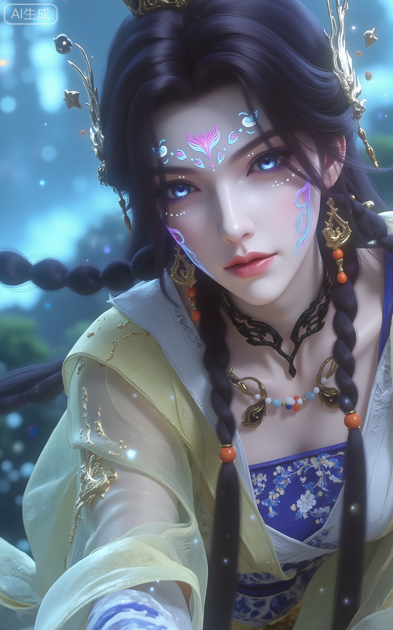 - Key elements: a female character in the style of an Oriental fairy tale, with blue eyes, fluorescent colorful flowers on her face (a pink-purple flower shape on her forehead, blue and white flame patterns and dot-like decorations on her cheeks), long black hair with double braids, gold hollow hair accessories (embellished with jewelry), gold earrings, and a black necklace (with orange beads); the background is a hazy forest scene with light blue mist and luminous particles.
​
- Posture: Half squatting posture, leaning slightly forward with one hand stretched forward, showing a dynamic sense of exploration or interaction.
​
- Clothing details: Wearing a yellow and white Xianxia costume, the top has a cross-collar design with blue and white moire embroidery; the outer robe is light and thin, with delicate golden patterns on the sleeves; the overall tailoring fits the body shape, showing an elegant yet refined style.
​
- Style: Realistic to 3D rendering style, integrating oriental fairy tales and fantasy elements. The light and shadow of the picture are delicate, the colors are fresh and layered, and the details (such as ornaments, patterns, fluorescent flowers) are exquisitely carved, creating a dreamy and fairy-like atmosphere.
​
- Composition: Use a close-up composition from an elevated angle, focusing on the upper body and face of the character. The background is blurred to highlight the subject. The picture is full of visual tension. The light illuminates the character from the side, strengthening the sense of three-dimensionality and fantasy.,hongchen,long legs,guang style