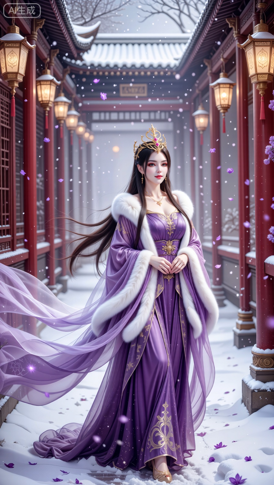 An enchanting divine figure poses elegantly amidst a snowy, traditional East Asian courtyard with red pillars and elaborate lanterns. She is clad in a breathtaking, royal purple gown with luxurious golden detailing, voluminous fur - lined sleeves, and cascading, ethereal lavender silk ribbons that swirl dramatically. A golden, crown - like headpiece adorns her long, dark hair, which moves with the gentle breeze. The setting is bathed in soft, diffused light with a misty, cool atmosphere, subtle snowflakes, and floating purple petals, enhancing the surreal, majestic mood. This image is crafted in a hyper - realistic fantasy illustration style, utilizing a medium shot to showcase the lush textures of the gown, the dynamic motion of the silk ribbons, and her regal demeanor, deep depth of field to retain clarity in both the subject and the snowy architectural background, harmonious color grading that blends rich purples and lavenders with the cool whites of the snow, and a composition that radiates celestial sophistication and mythical beauty. Produced with museum - quality detail, smooth textures, and a luminous, fairy - tale atmosphere.