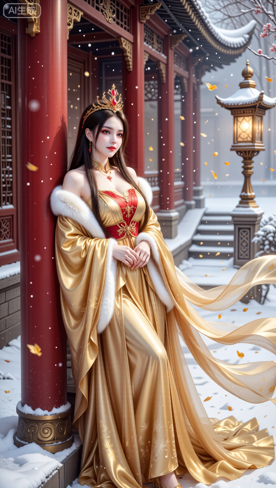 A graceful woman leans casually against a red pillar in a traditional East Asian architectural setting, with snow - dusted stone steps and ornate lanterns in the background. She is clad in a breathtaking, royal golden gown with luxurious red detailing, voluminous fur - lined sleeves, and cascading, ethereal gold silk ribbons that drape lazily around her and the pillar. A red, gem - studded crown - like headpiece adorns her long, dark hair, which tumbles over her shoulder. The setting is bathed in soft, diffused light with a misty, warm atmosphere (from the golden hues), subtle snowflakes, and floating gold petals, enhancing the surreal, opulent mood. This image is crafted in a hyper - realistic fantasy illustration style, utilizing a medium shot to showcase the lush textures of the golden gown, the gentle fall of the silk ribbons, and her at - ease leaning demeanor, deep depth of field to retain clarity in both the subject and the snowy architectural background, harmonious color grading that blends rich golds with the cool whites of the snow, and a composition that radiates celestial grandeur and mythical beauty. Produced with museum - quality detail, smooth textures, and a luminous, fairy - tale atmosphere.