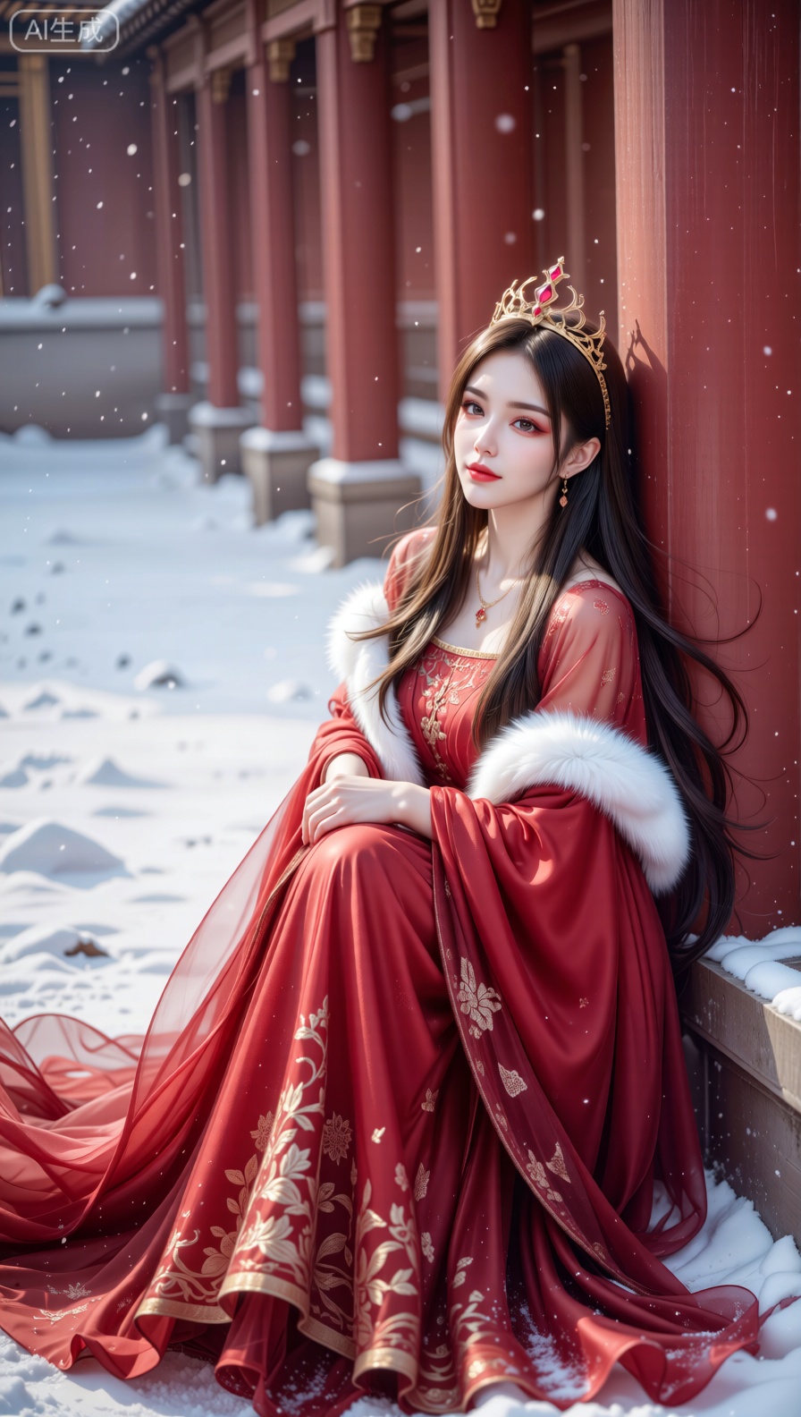 She leans with effortless grace against a rich red pillar, her form wrapped in a flowing red gown embroidered with intricate golden patterns. Luxurious white fur trims the shoulders and cuffs, while sheer red silk cascades dramatically, trailing across the snow - dusted ground. A golden crown, studded with deep red gems, sits atop her long, dark hair, which falls in soft waves. The scene uses a shallow depth of field, blurring the distant lanterns just enough to draw the eye to her poised posture and the delicate details of her attire—the sheen of silk, the plushness of fur—against the crisp, snowy backdrop.
