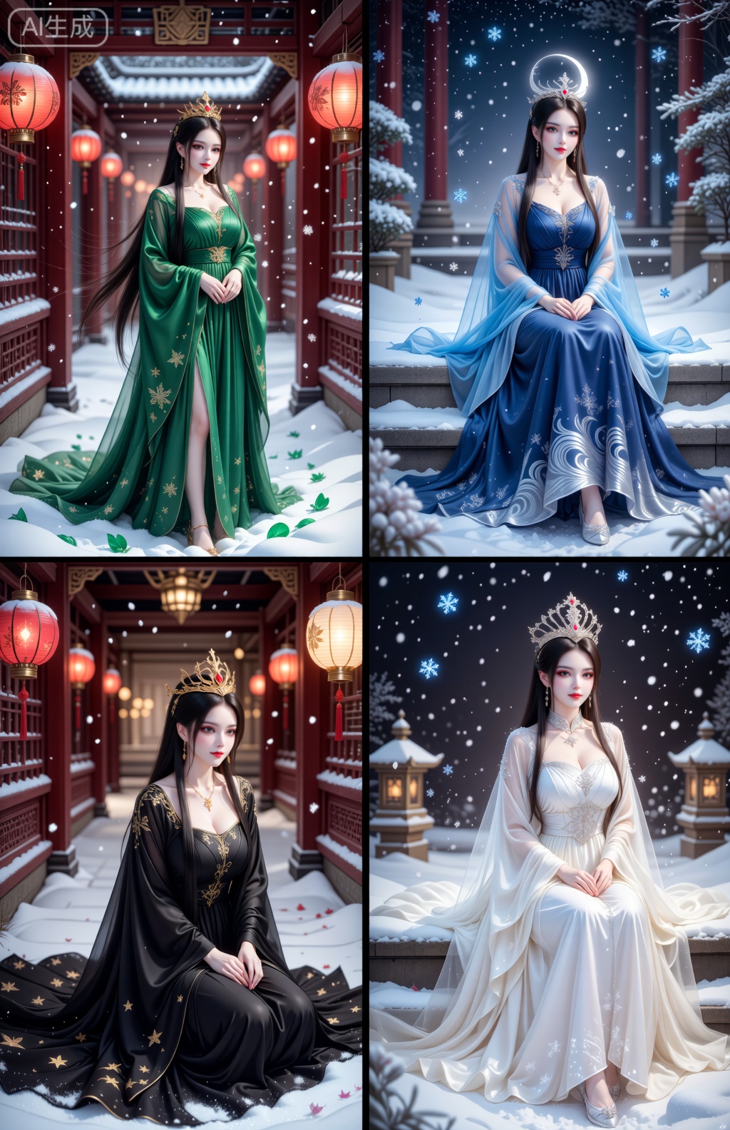 A single composite artwork weaves four distinct yet interconnected scenes of a regal woman within a snowy, traditional East Asian courtyard—framed by red pillars, glowing lanterns, and a gentle flurry of snowflakes, each scene alive with its own vibrant hue. The top-left captures her leaning against a pillar in a rich emerald green gown, its fabric flowing with gold embroidery, forest-green silk cascading over snow, a bronze leaf crown atop her hair, and jade petals swirling around. To the right, the top-right frame shows her seated on stone steps in a deep sapphire blue gown, velvet-soft with silver wave patterns, sheer sky-blue silk billowing, a silver moon headpiece, and icy blue petals floating around her serene form. Below, the bottom-left finds her kneeling on snow-dusted steps in a striking ebony black gown, sleek with gold star embroidery, jet-black silk draping elegantly, a golden crown with onyx accents, and iridescent black petals drifting to enhance her graceful poise. Finally, the bottom-right features her poised on steps in a luminous ivory white gown, soft with silver crystal detailing, sheer pearl silk flowing over snow, a diamond-encrusted crown, and white cherry petals fluttering to cast an ethereal glow. Uniting all frames is a high-fantasy fine-art style, with photorealistic textures—silk sheen, sharp embroidery, and soft fur accents—balanced depth of field, and lantern light that warms the cool snow, making each color (green, blue, black, white) vividly distinct yet harmoniously part of a single, luminous fairy-tale scene of diverse regal elegance.