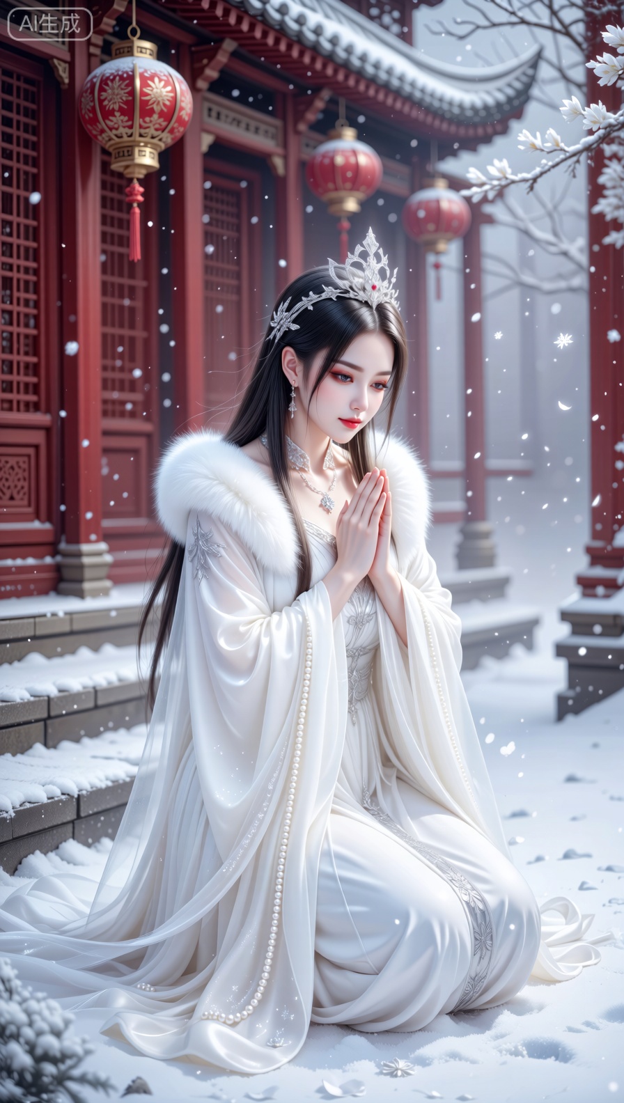 A pure - looking woman kneels reverently on snow - dusted stone steps in a traditional East Asian architectural setting, with red pillars and elaborate lanterns in the background. She is clad in a breathtaking, ivory white gown with luxurious silver detailing, voluminous snow - white fur - lined sleeves, and cascading, ethereal pearl - white silk ribbons that swirl delicately around her. A silver, crystal - encrusted headpiece adorns her long, light - hued hair (or dark hair with silver highlights), which cascades down her back. The setting is bathed in soft, diffused light with a misty, serene atmosphere, subtle snowflakes, and floating white petals, enhancing the surreal, angelic mood. This image is crafted in a hyper - realistic fantasy illustration style, utilizing a medium shot to showcase the lush textures of the white gown, the gentle drape of the silk ribbons, and her dignified kneeling demeanor, deep depth of field to retain clarity in both the subject and the snowy architectural background, harmonious color grading that blends pure whites with the cool whites of the snow, and a composition that radiates celestial purity and mythical beauty. Produced with museum - quality detail, smooth textures, and a luminous, fairy - tale atmosphere.