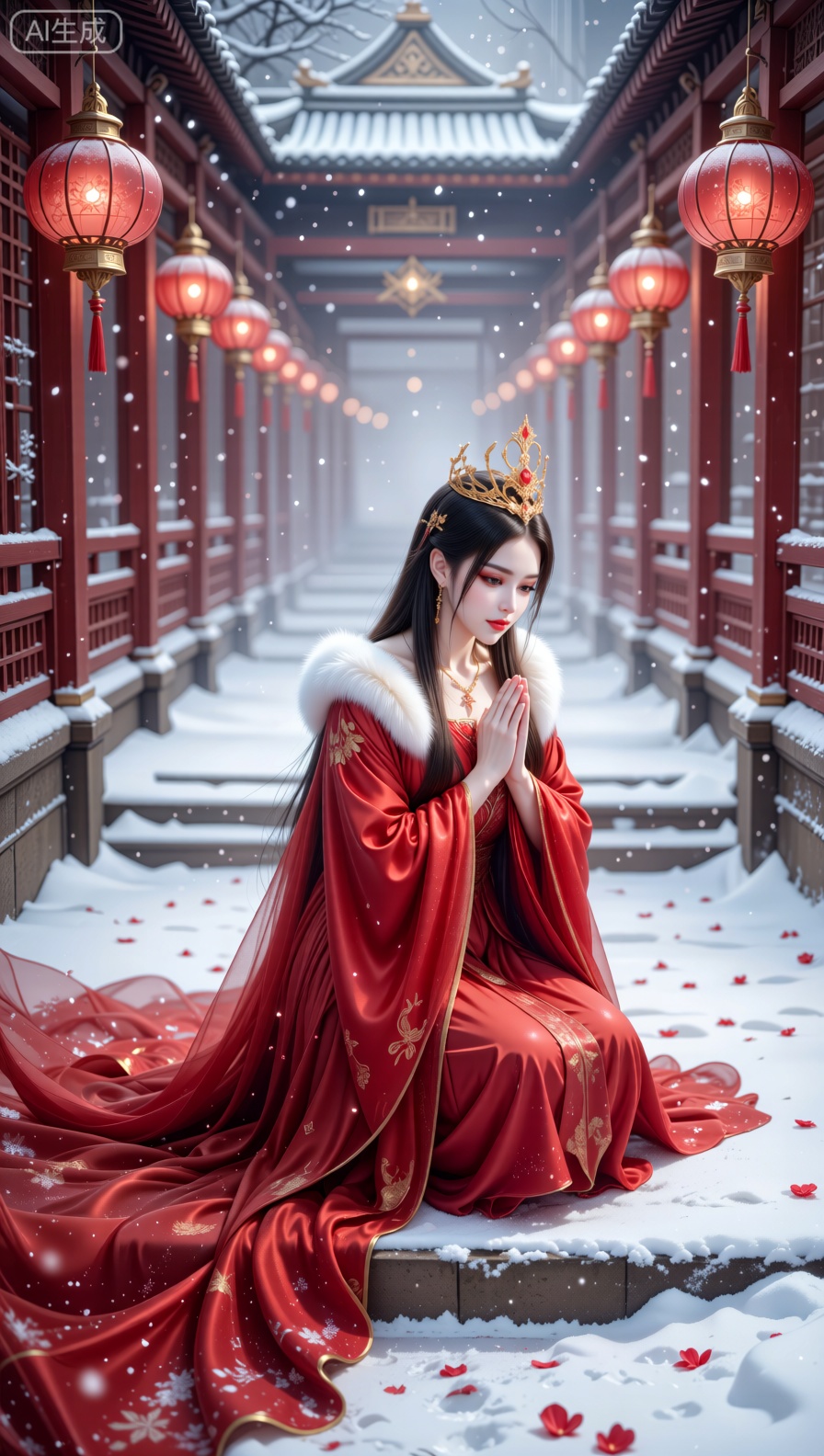 A majestic woman kneels reverently on snow - dusted stone steps in a traditional East Asian architectural setting, with red pillars and elaborate lanterns in the background. She is clad in a breathtaking, royal red gown with luxurious golden detailing, voluminous fur - lined sleeves, and cascading, ethereal red silk ribbons that swirl delicately around her. A golden, crown - like headpiece adorns her long, dark hair, which cascades down her back. The setting is bathed in soft, diffused light with a misty, cool atmosphere, subtle snowflakes, and floating red petals, enhancing the surreal, solemn mood. This image is crafted in a hyper - realistic fantasy illustration style, utilizing a medium shot to showcase the lush textures of the red gown, the gentle drape of the silk ribbons, and her dignified kneeling demeanor, deep depth of field to retain clarity in both the subject and the snowy architectural background, harmonious color grading that blends rich reds with the cool whites of the snow, and a composition that radiates celestial devotion and mythical beauty. Produced with museum - quality detail, smooth textures, and a luminous, fairy - tale atmosphere.