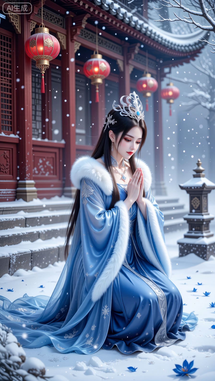 A majestic woman kneels reverently on snow - dusted stone steps in a traditional East Asian architectural setting, with red pillars and elaborate lanterns in the background. She is clad in a breathtaking, royal blue gown with luxurious silver detailing, voluminous fur - lined sleeves, and cascading, ethereal sky - blue silk ribbons that swirl delicately around her. A silver, wave - inspired headpiece adorns her long, dark hair, which cascades down her back. The setting is bathed in soft, diffused light with a misty, cool atmosphere, subtle snowflakes, and floating blue petals, enhancing the surreal, solemn mood. This image is crafted in a hyper - realistic fantasy illustration style, utilizing a medium shot to showcase the lush textures of the blue gown, the gentle drape of the silk ribbons, and her dignified kneeling demeanor, deep depth of field to retain clarity in both the subject and the snowy architectural background, harmonious color grading that blends rich blues with the cool whites of the snow, and a composition that radiates celestial devotion and mythical beauty. Produced with museum - quality detail, smooth textures, and a luminous, fairy - tale atmosphere.